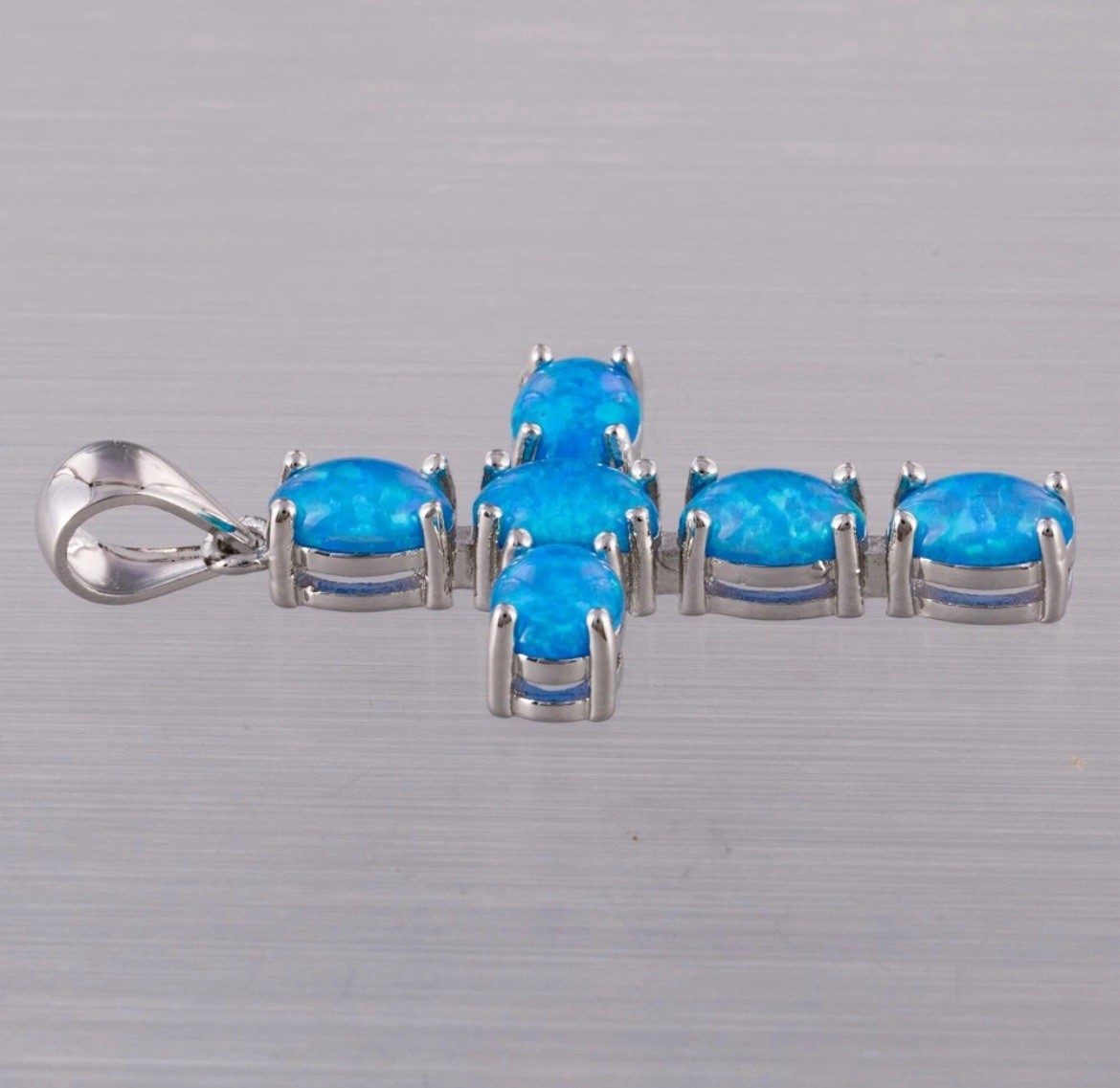 Gorgeous Ocean Blue Fire Opal Cross Necklace, Earrings, Five-Stone Ring 10 Set
