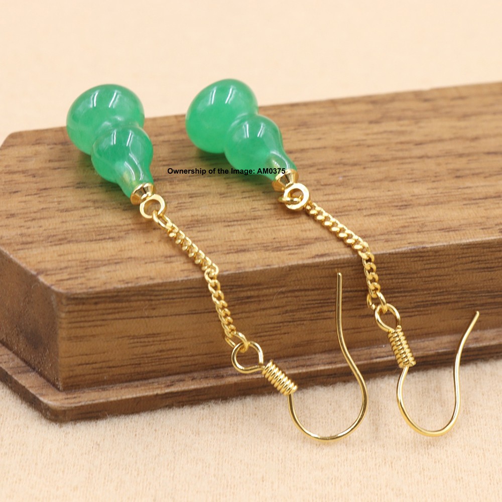 New Yellow Alloy Women’s Heated Green Jade Gourd Dangle Earrings Hook Earrings
