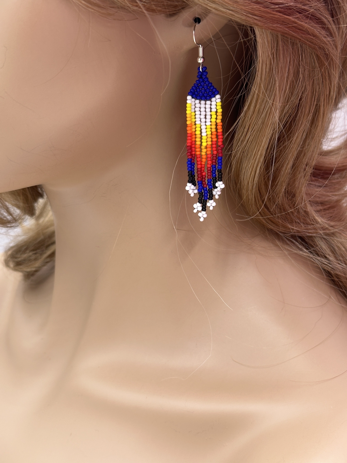 Handmade beaded White Deep blue medallion necklace earrings set