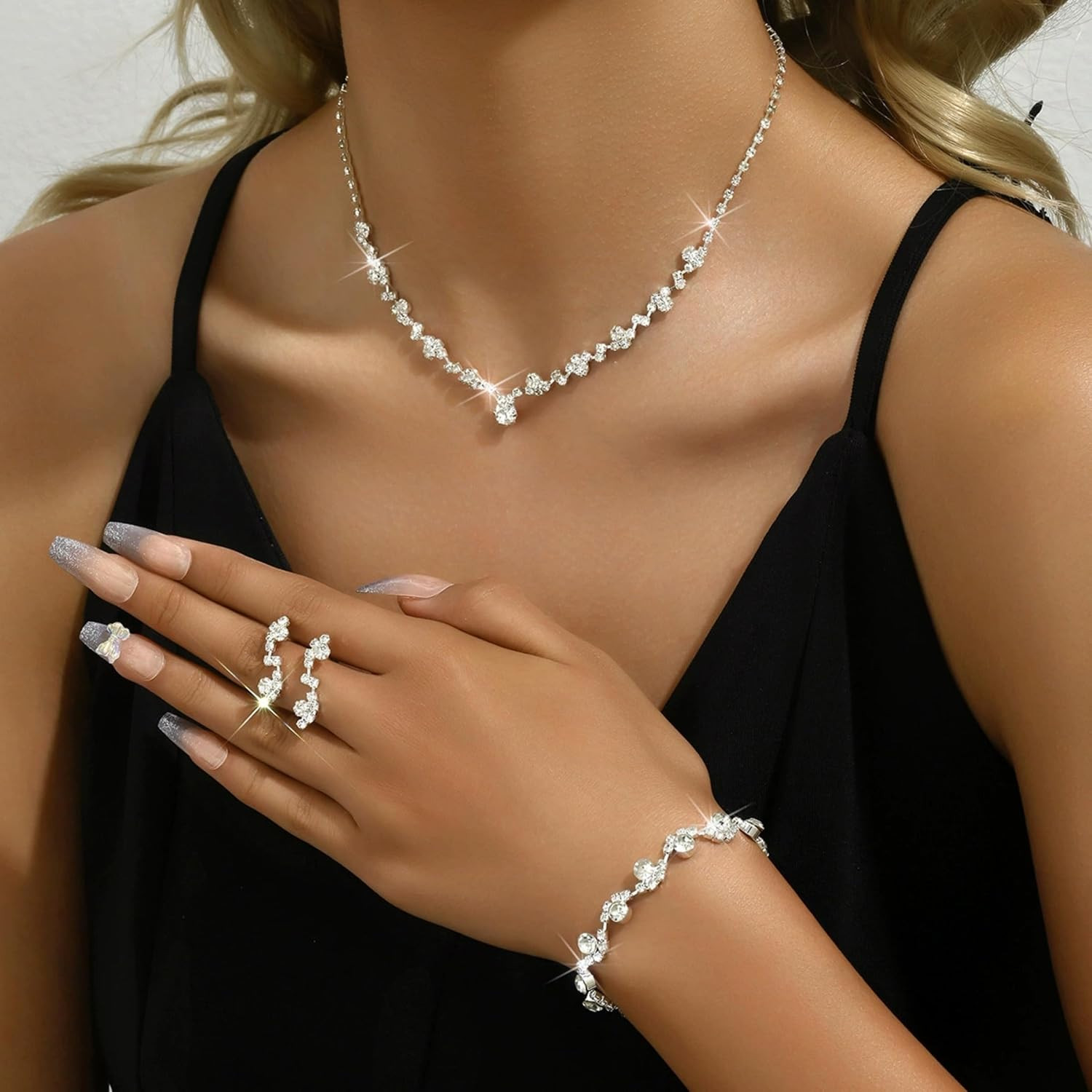 3PCS Silver Wedding Jewelry Set for Women Brides Rhinestone Necklace Earrings Br