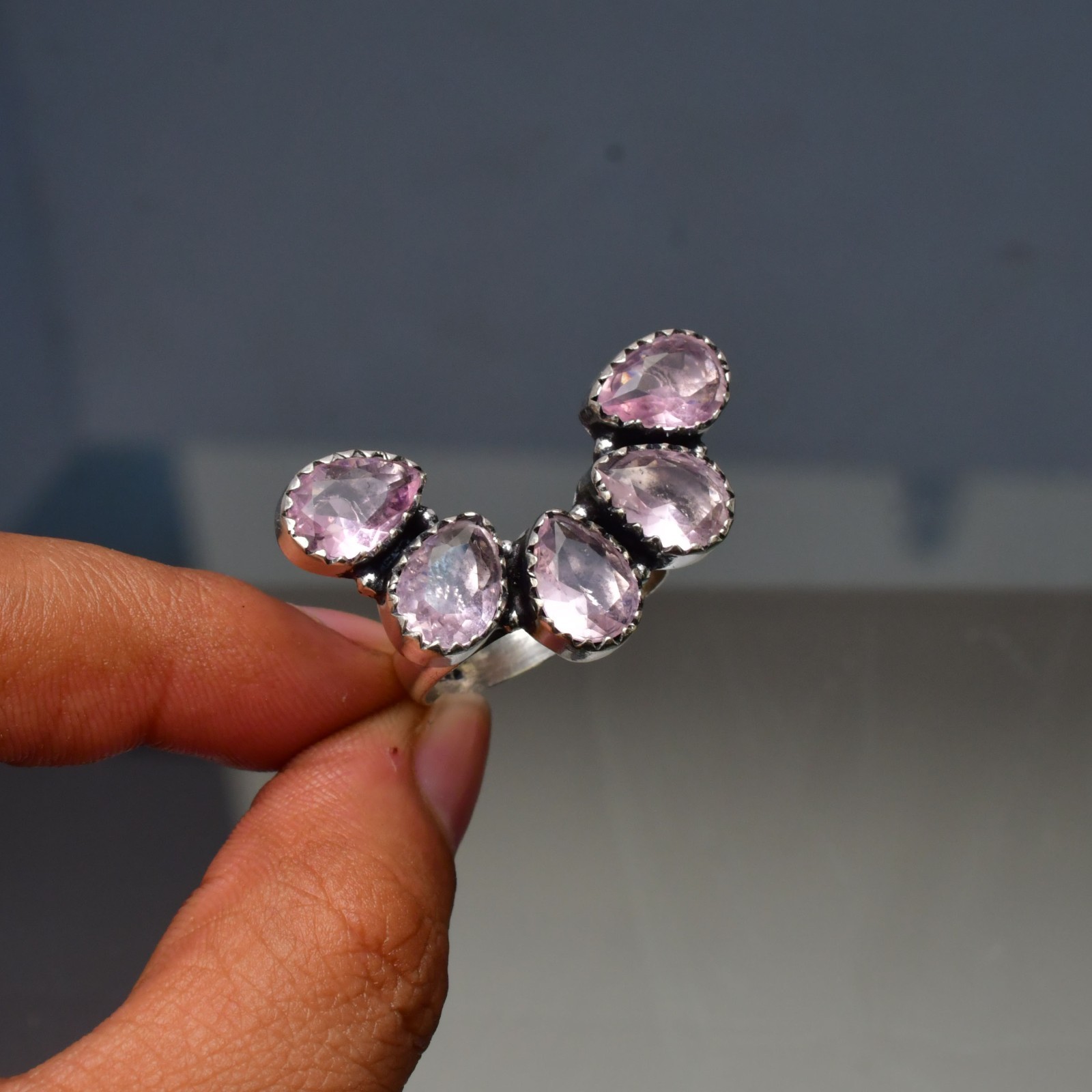 Pink Kunzite (Lab-Created)Gemstone 925 sterling silver Handmade Ring- All Size