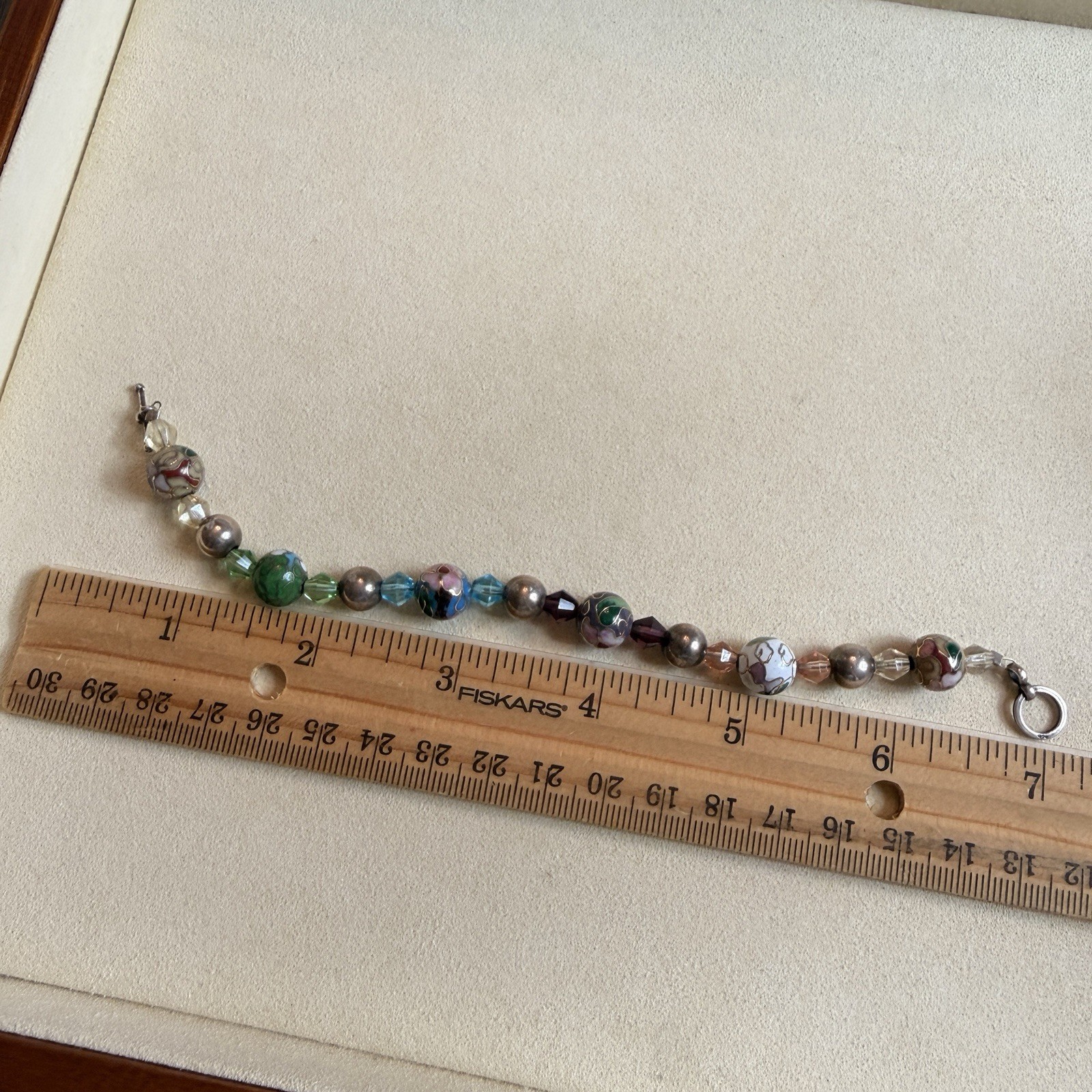 Vintage Cloisonne Bead Bracelet 925 Sterling Silver Toggle Floral Enamel 6.5”