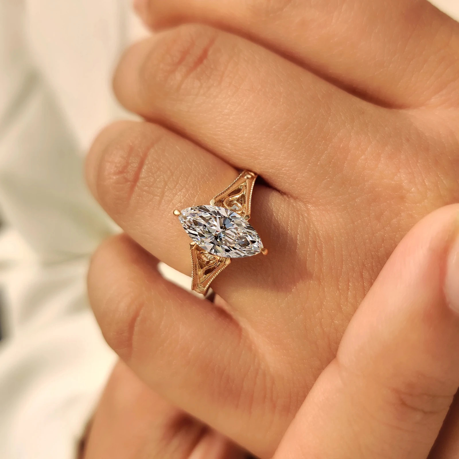 2.00CT Solitaire Lab Grown Diamond Marquise Cut Diamond Ring in Milgrain Details