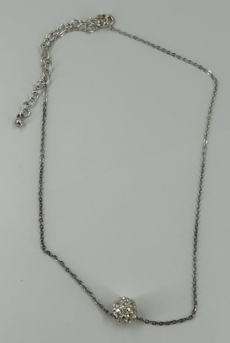 Rhinestone Crystal Ball Pendant Silver Tone Chain Necklace Womens 16-19 Inch