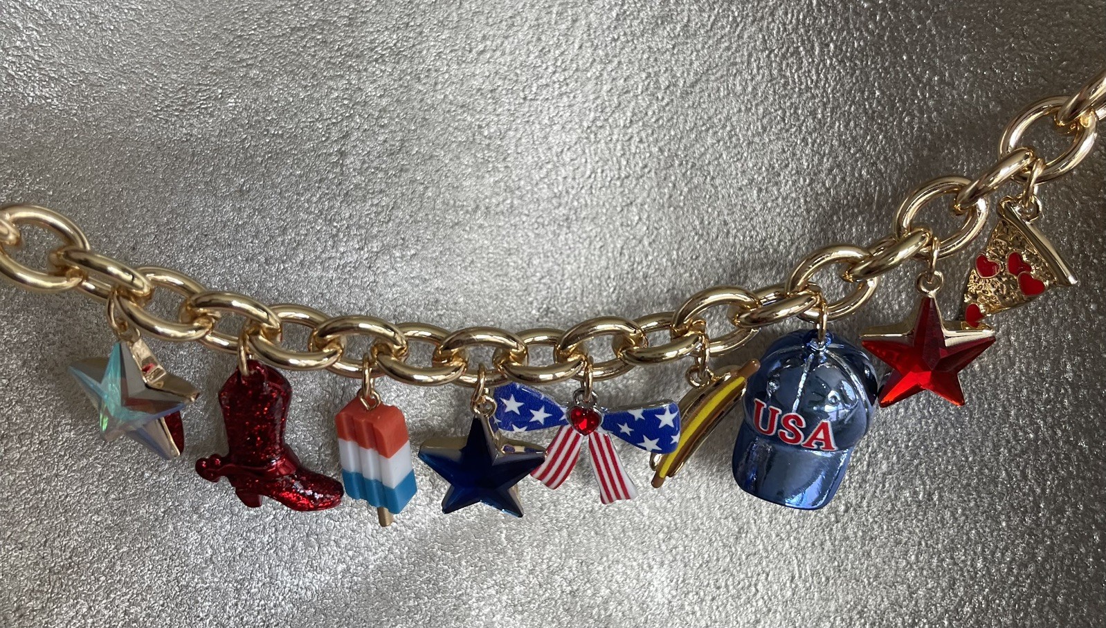Betsey Johnson Americana USA Red White Blue Charm Shiny Gold Tone Necklace NWT