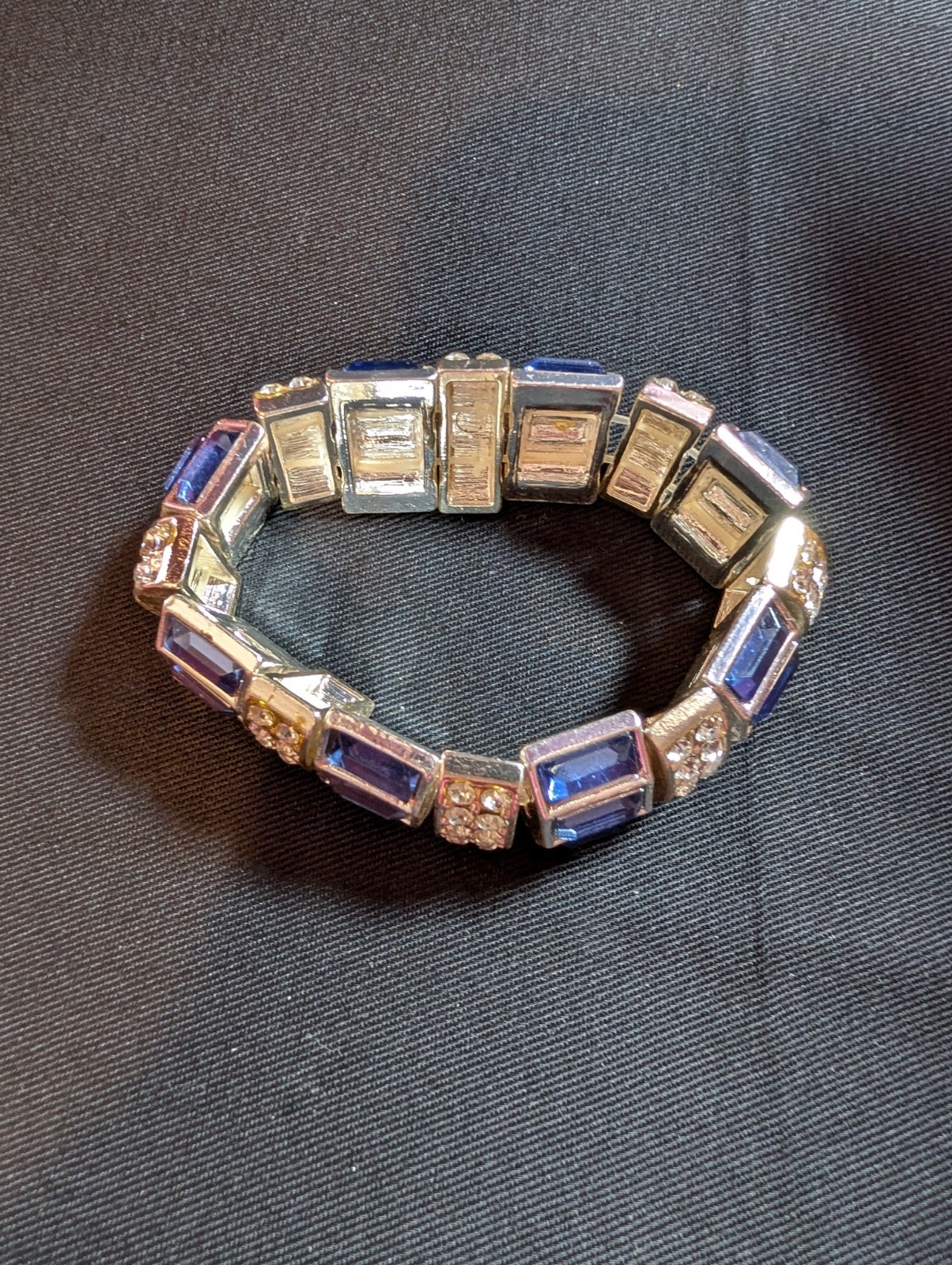 Silver Tone Stretch Bangle Bracelet Blue & Clear Crystal Baguette Round Stones