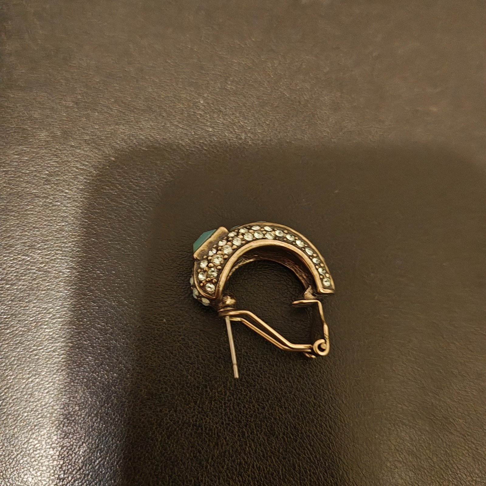 Heidi Daus Signed Bronze Art Deco Hoop Earrings Faux Turquoise Crystal Pair