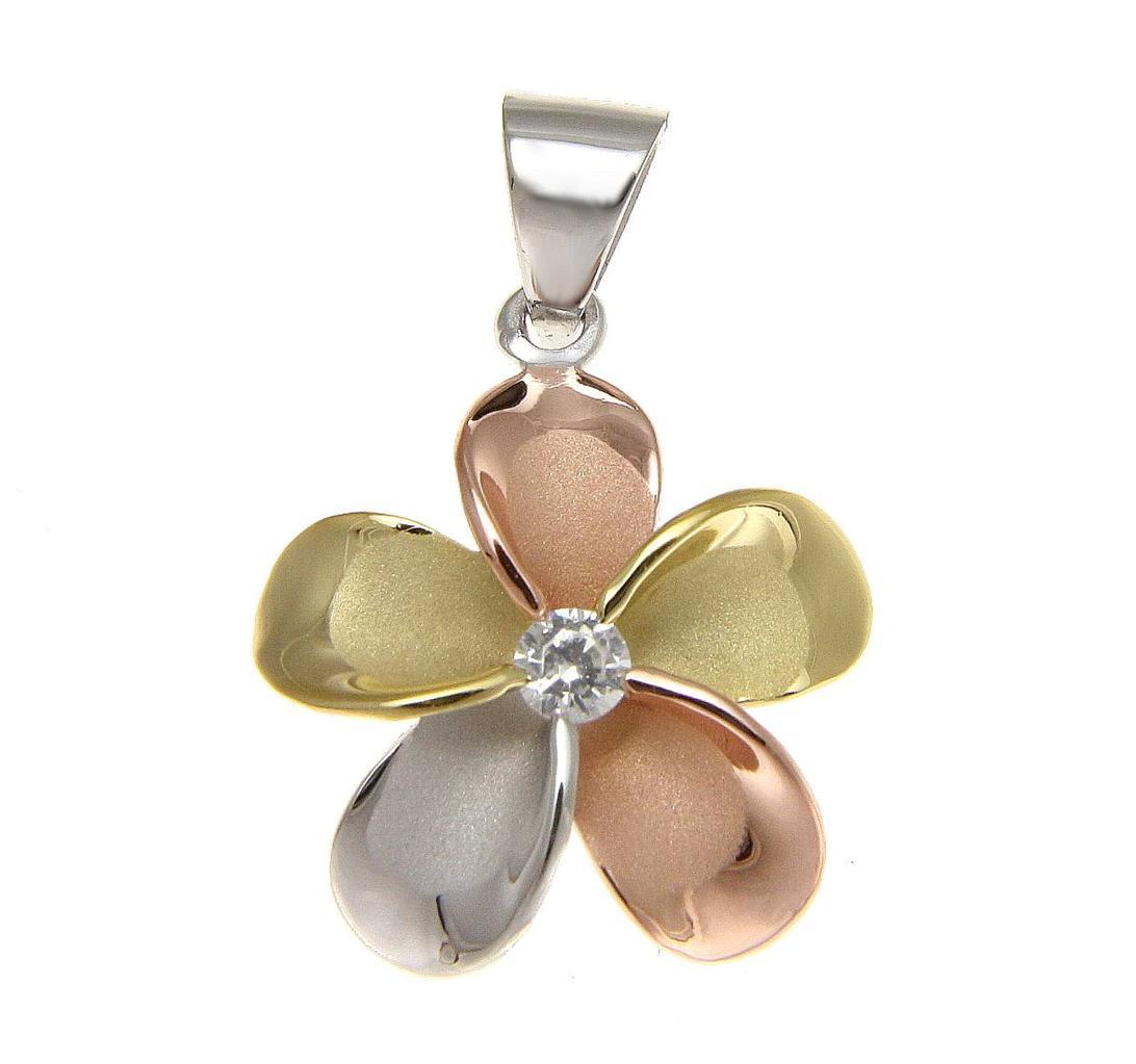 YELLOW ROSE GOLD SILVER 925 TRICOLOR HAWAIIAN PLUMERIA PENDANT CZ 10MM – 30MM