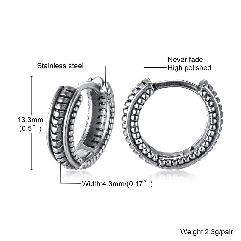 Viking Huggie Hoop Earrings Stainless Steel Thick Small Mens Retro Hoops