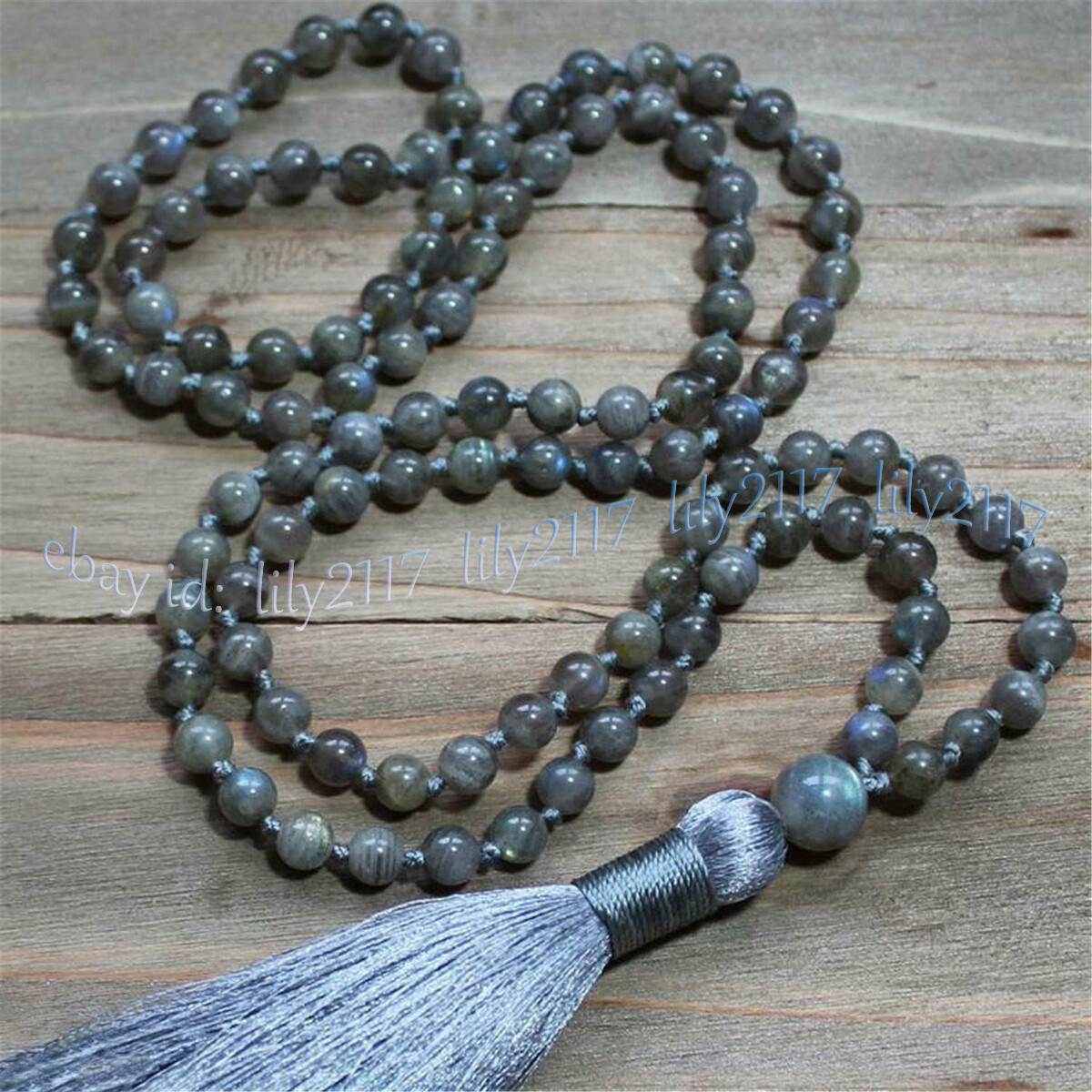 Gray Labradorite Gems Tibet Buddhist 108 Prayer Beads Mala Necklace Meditation