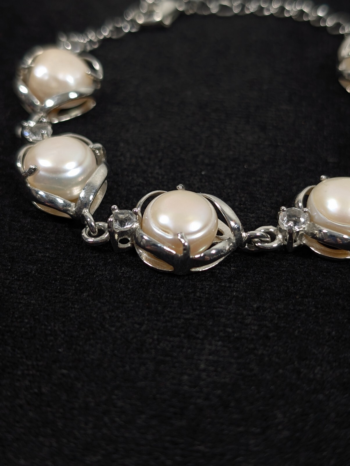 Silver Tone Baroque Button Pearl Rhinestone Tennis Bracelet Bridal Wedding 9 in