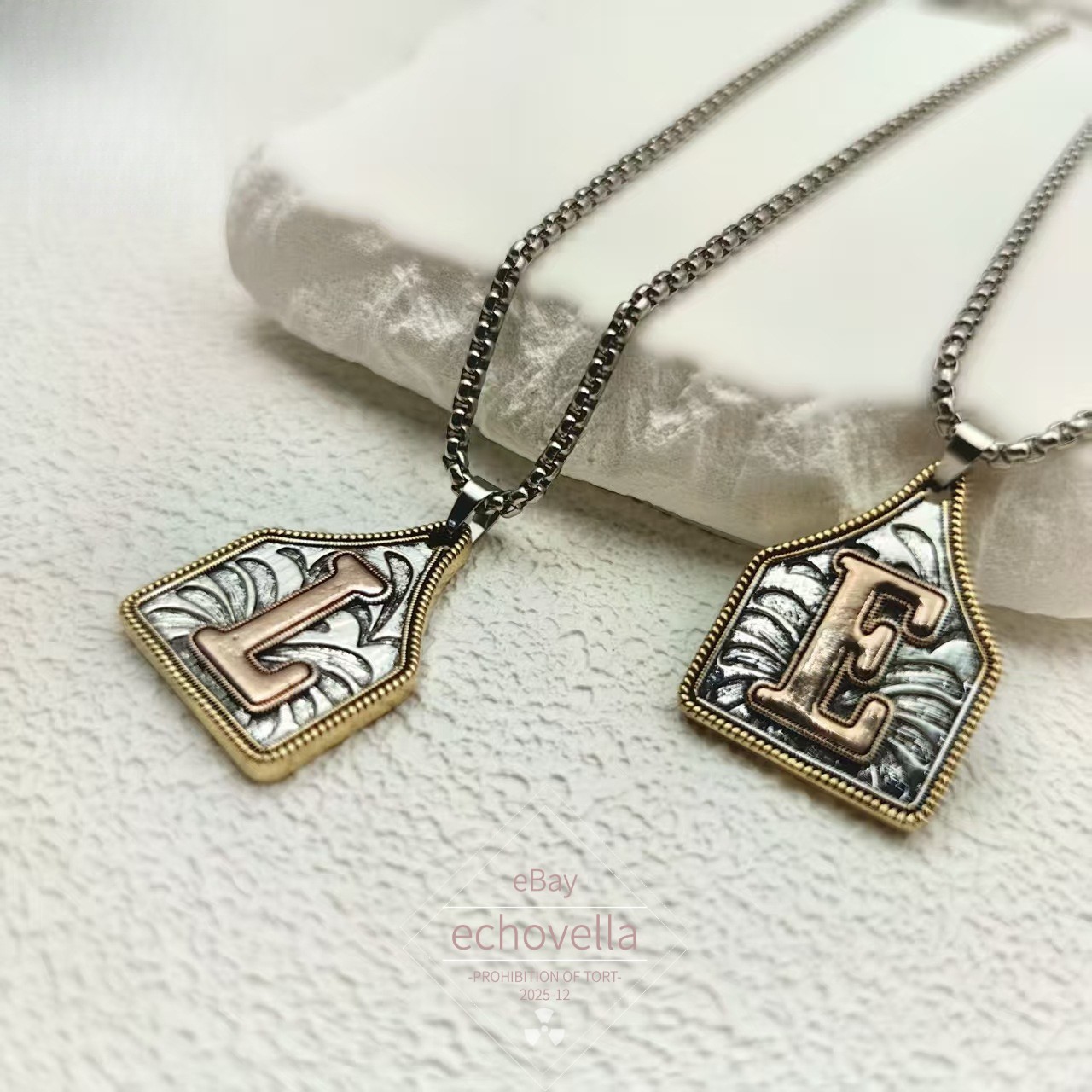 Antique Western Cross Cow Tag Necklace Golden Rope Edge Initial Letter Jewelry
