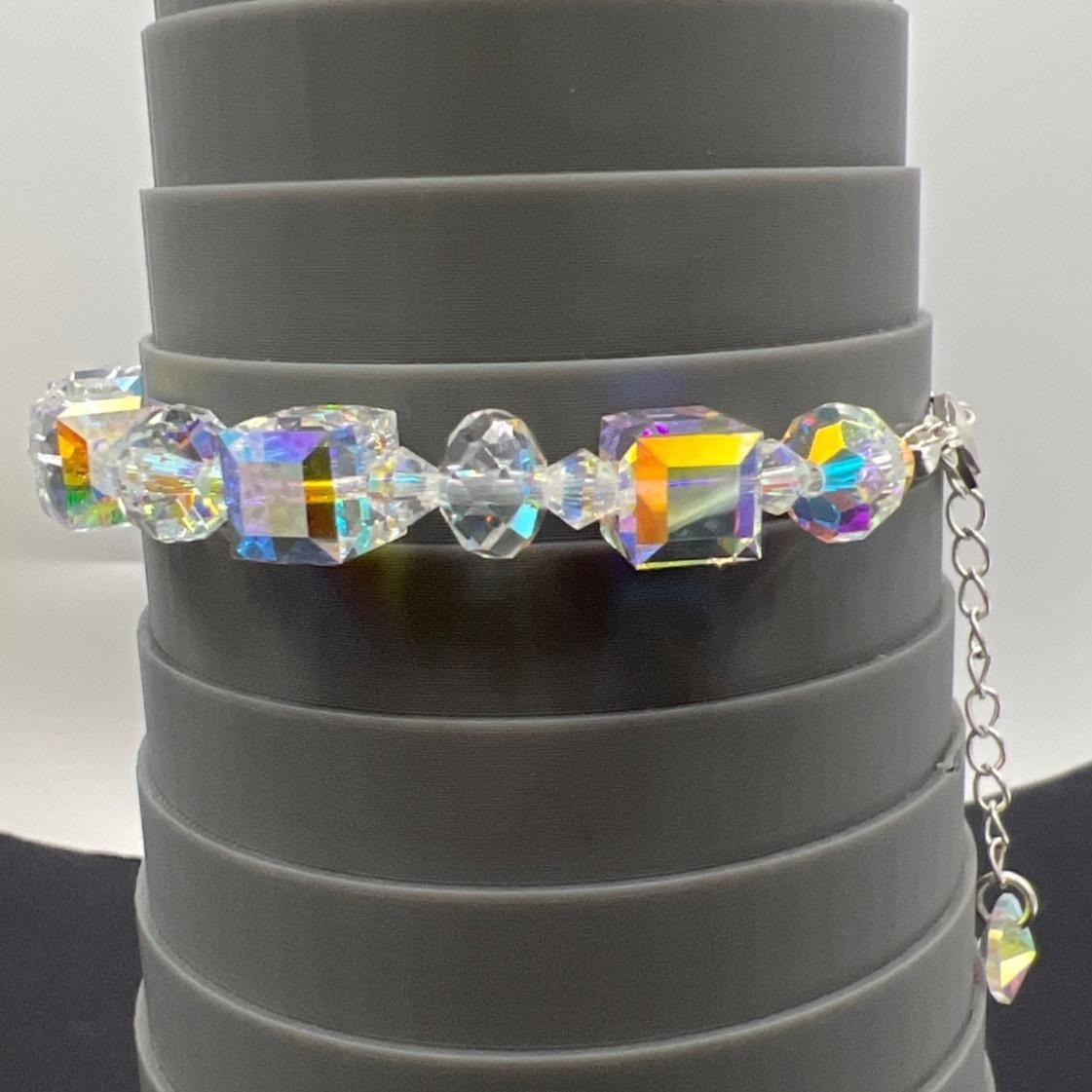 AB Crystal Bead Bracelet Adjustable Silver 7 + 2.5 Lobster Clasp Bridal Prom