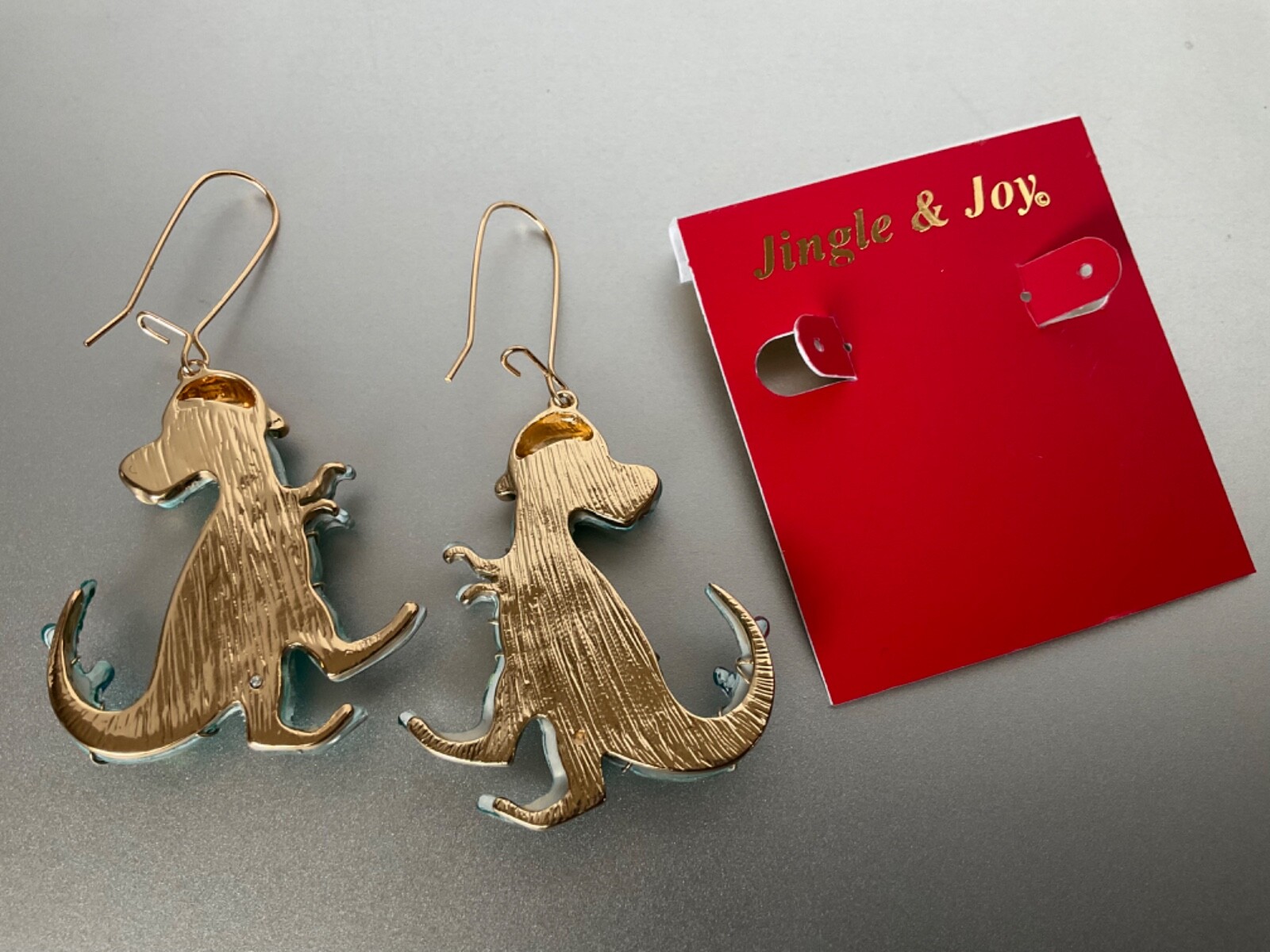 T-Rex Christmas Dinosaur Earrings Wearing Christmas Lights & Santa Hat