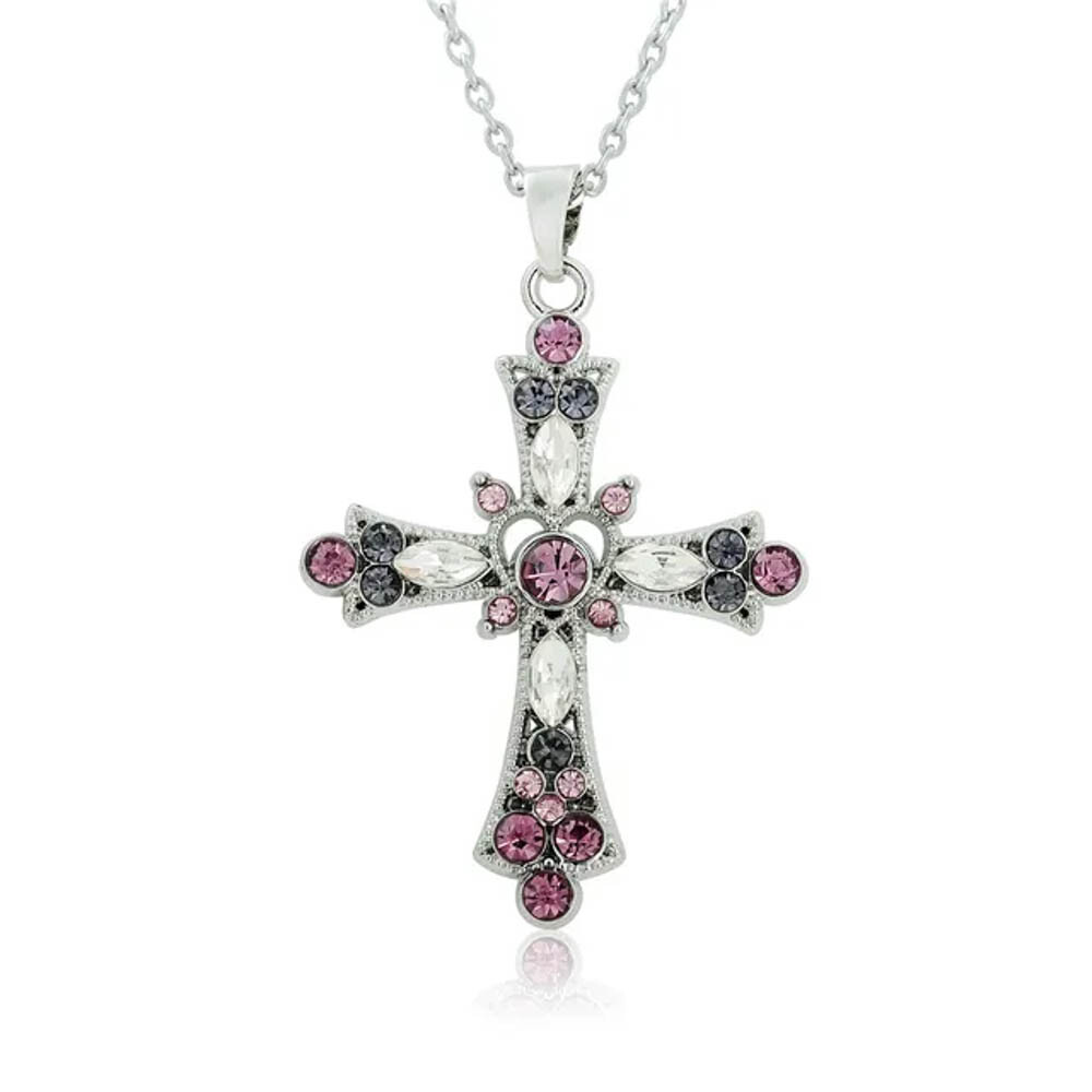 Sparkling Crystal Cross Pendant Necklace – Zinc Alloy, 18″ Chain, 2 Colors