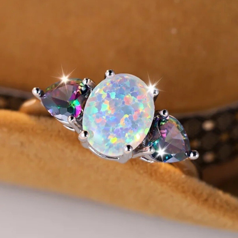 925 Sterling Silver Fire Rainbow Opal Mystical Topaz Engagement Ring Size 8