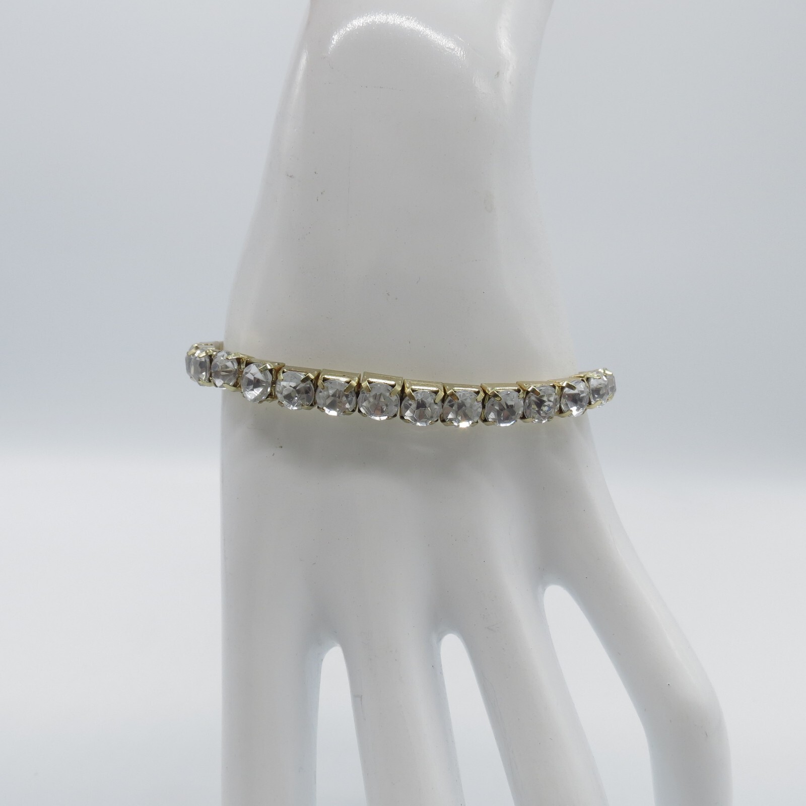 Rhinestone Stretch Bracelet Gold Tone Simple Everyday Wear 7.5″ *