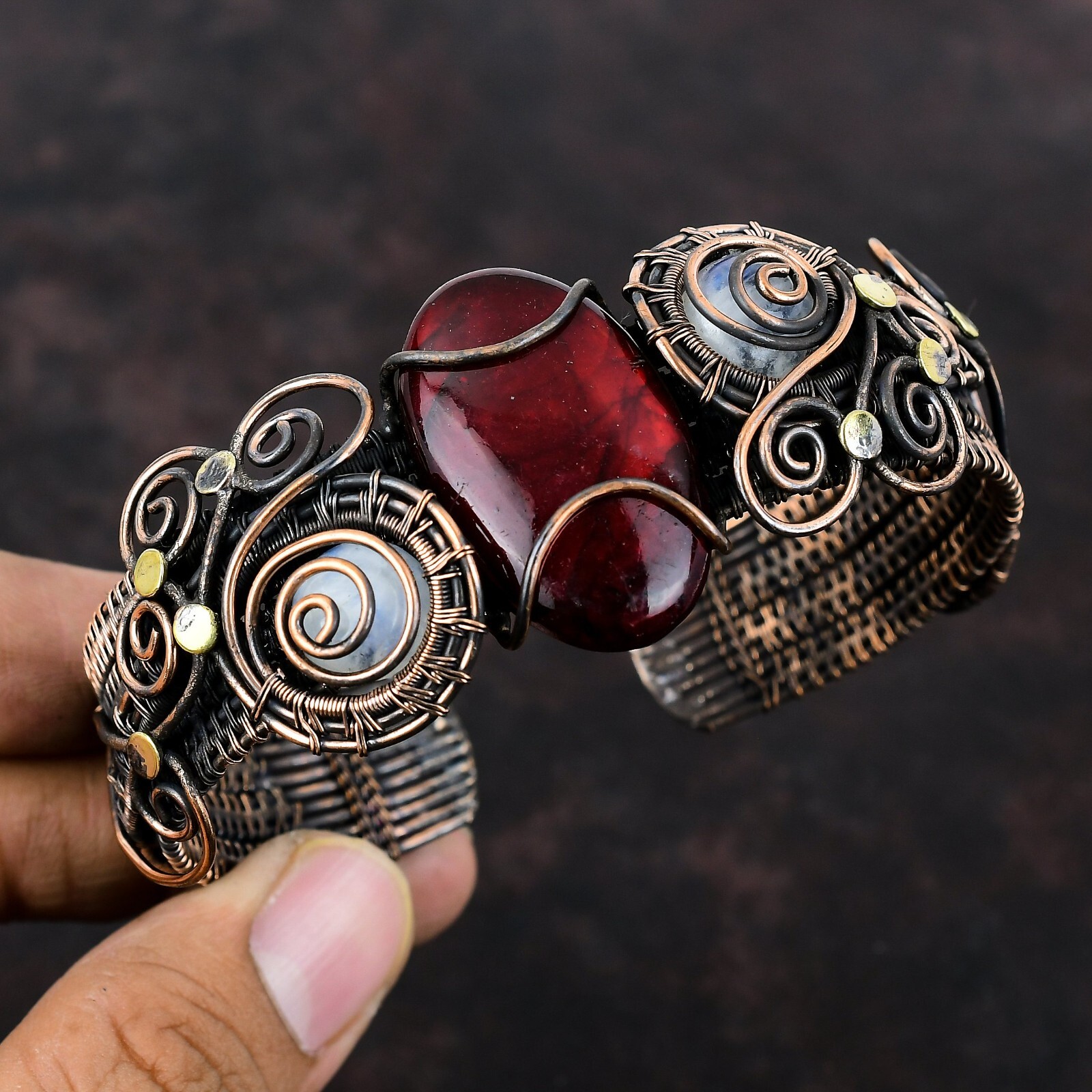 Red Fire Labradorite Copper Bestie Gift Wire Wrapped Adjustable Cuff