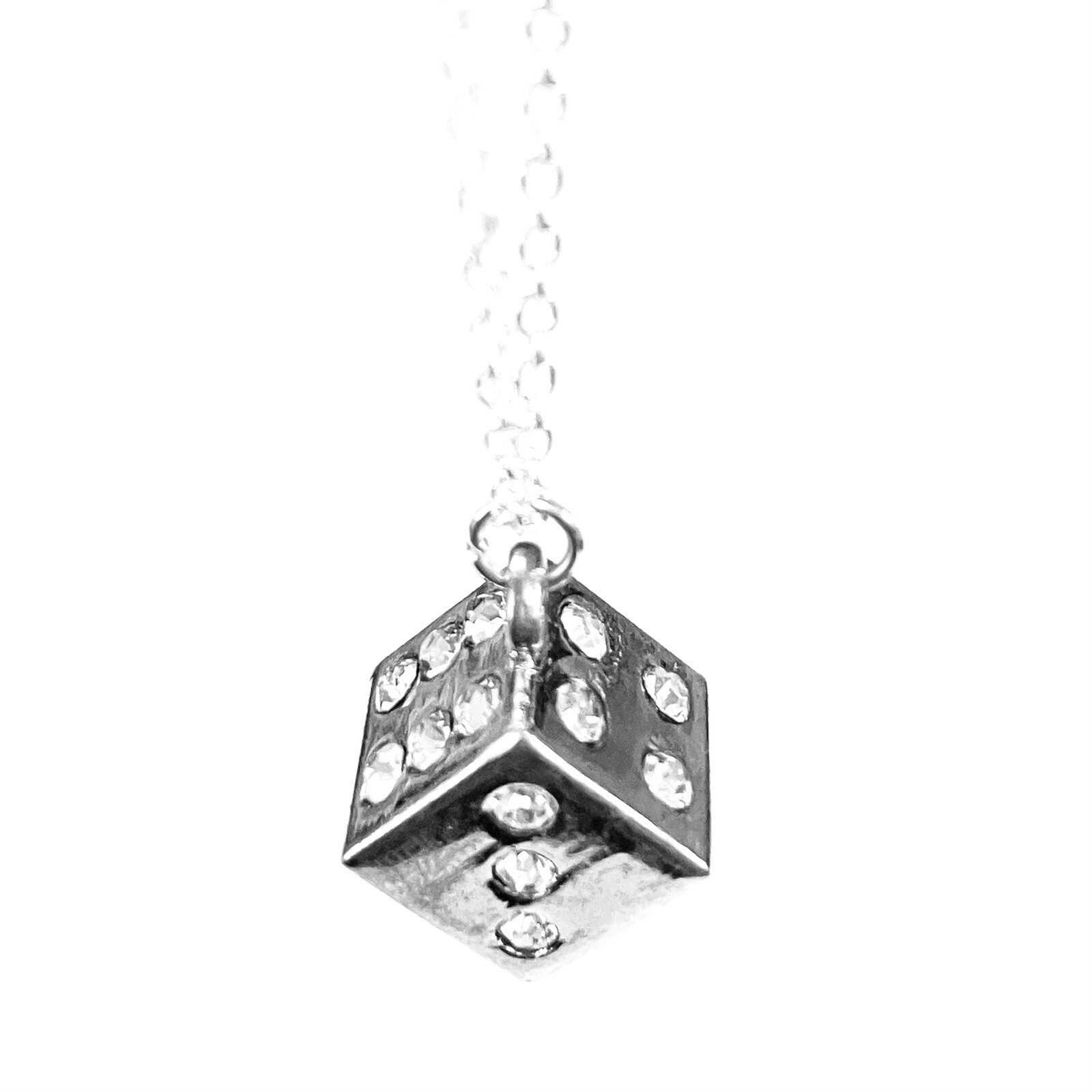 Silver Rhinestone Crystal Encrusted Dice Pendant Necklace on 18” Silver Chain