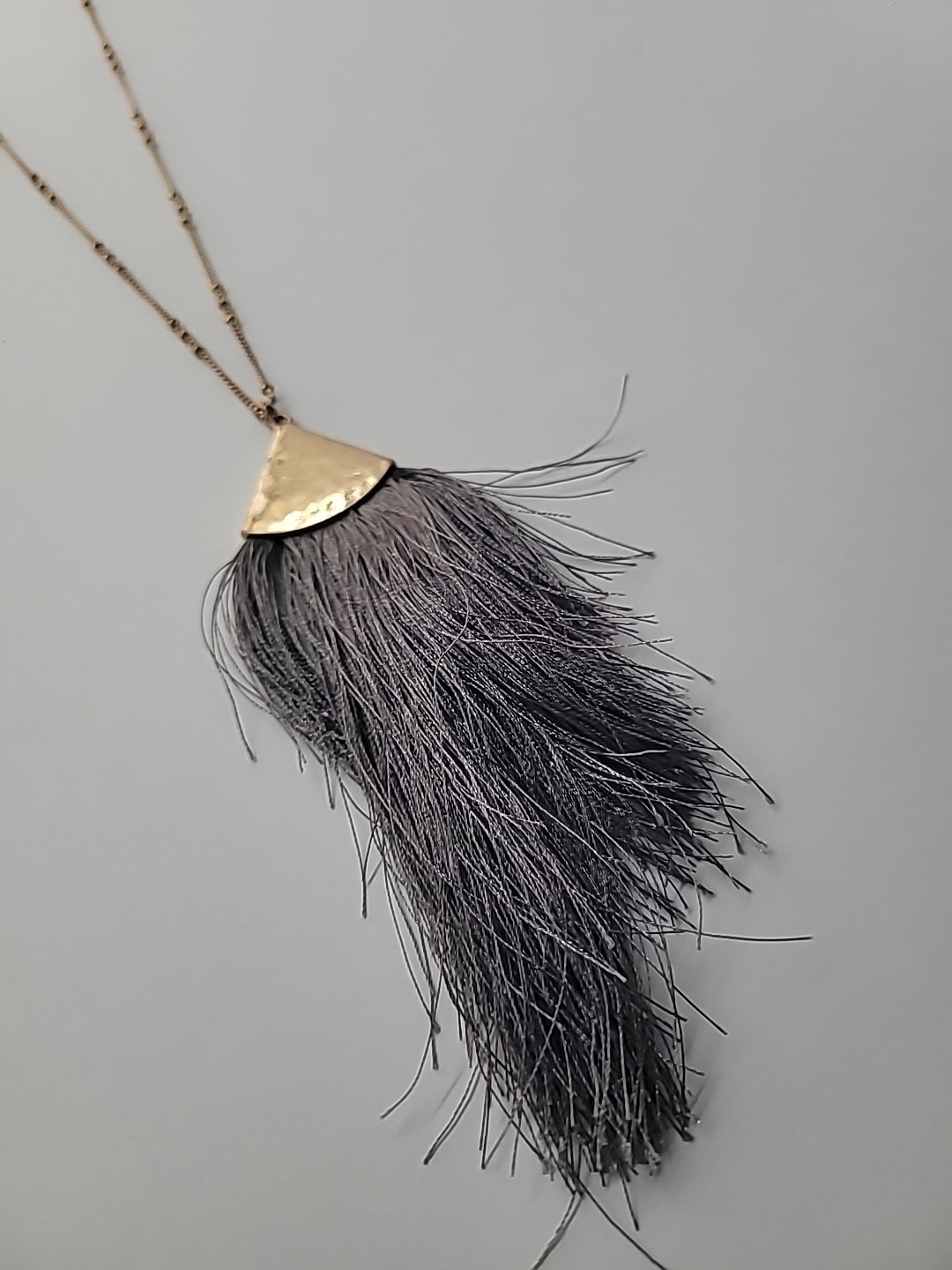 Vintage Gold Tone Hammered Fan Pendant Gray Tassel Necklace Boho Fringe Jewelry