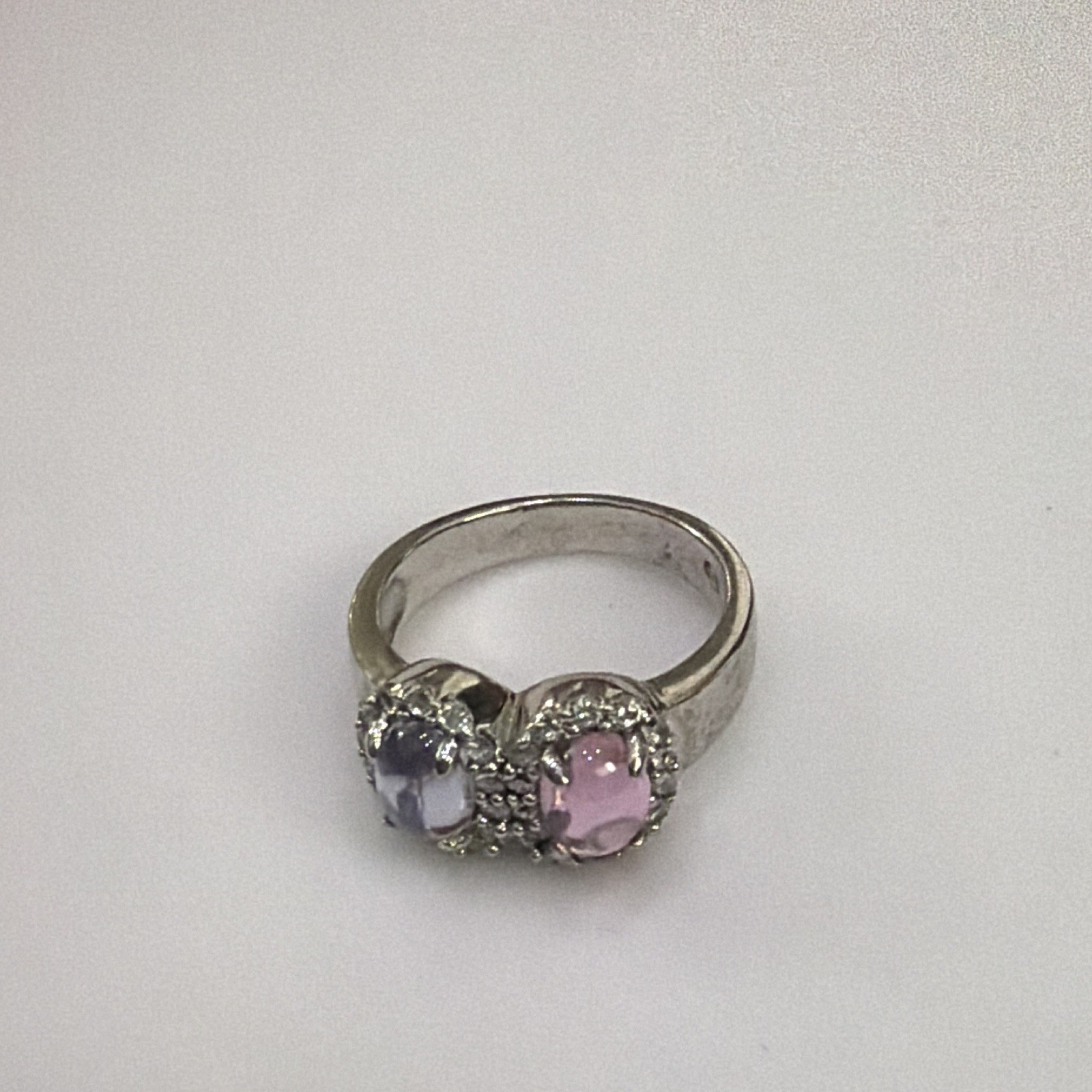 Silver Metal Cocktail Ring Double Oval Pink Purple lab Stones Halo Rhinestone