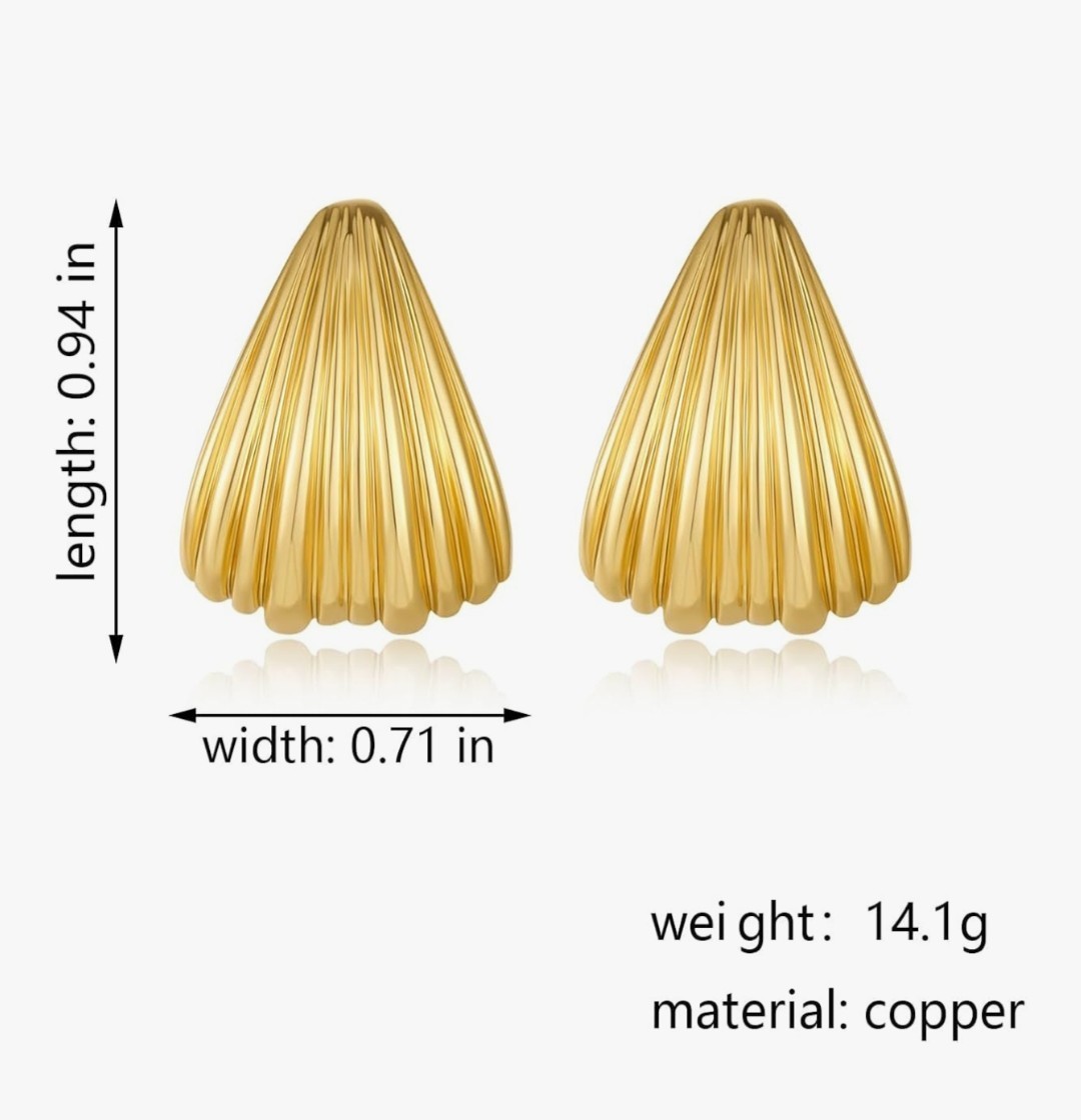 Earrings Gold Ribbed Teardrop C-Shaped J-Shaped Waterfall Texture Copper