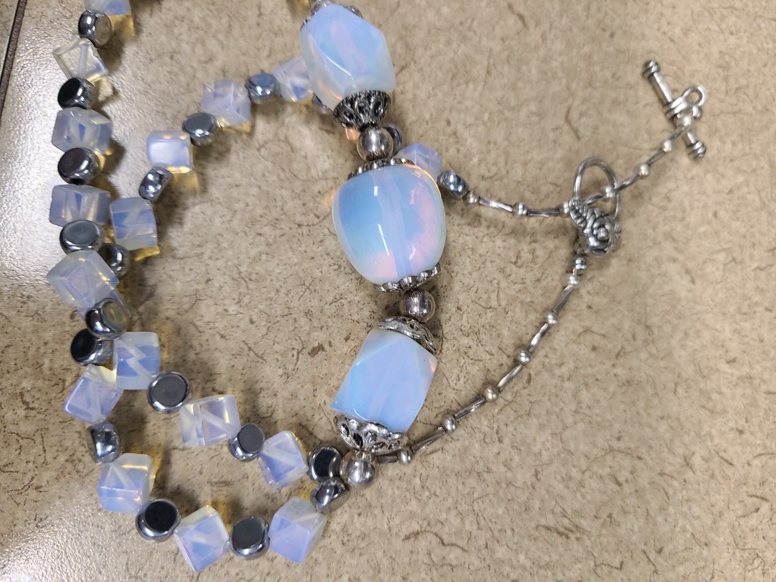 Opalite Beaded Necklace With Silver-Tone Spacers