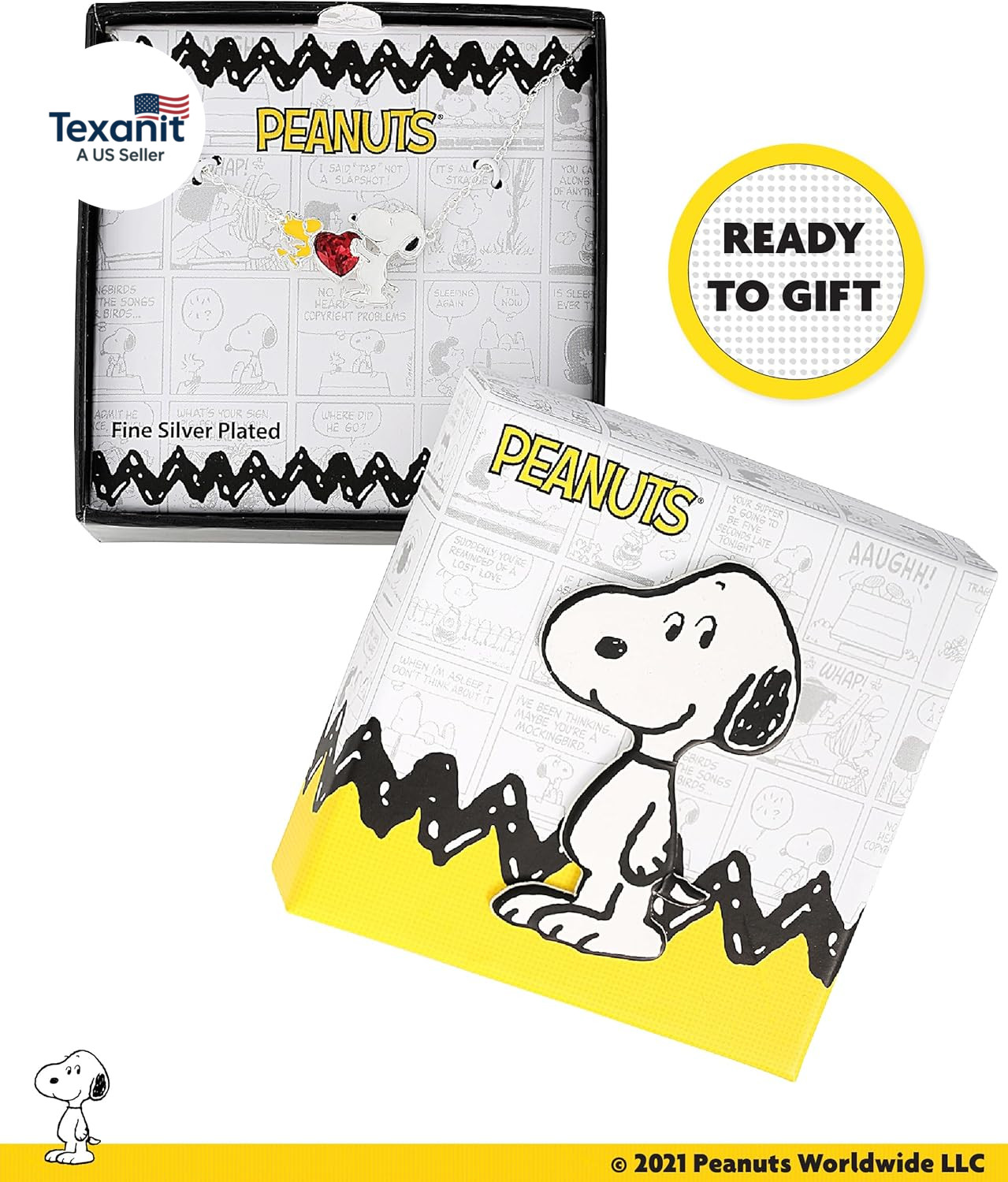 Official Snoopy and Woodstock Necklaces, Silver Flash-Plated with Red Crystal He