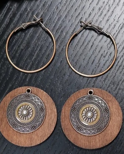 Handcrafted ~ Wood ~ Bronze ~ Alloy ~ Double Pendant ~ 1.25″ Dangle Earring
