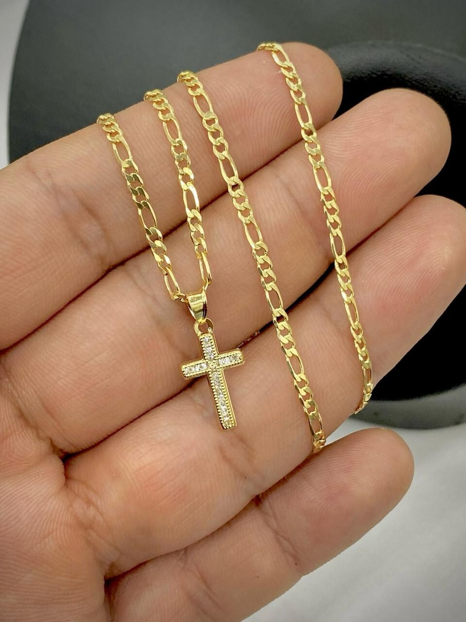 14K Gold Filled Tiny CZ Cross Pendant Necklace Womens 17x10mm Figaro Crucifix