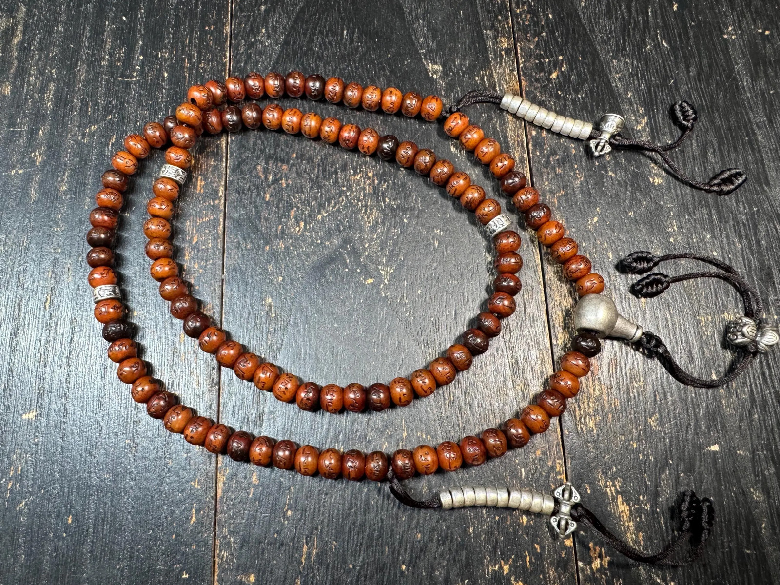 Hand-Carved Yak Bone Mala Necklace 28″ with Brass Guru Bead & Counters