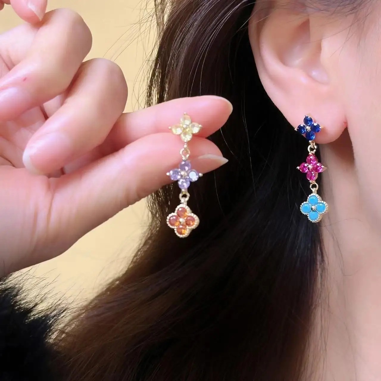 Clover Flower Multicolor Gem 925 Silver CZ Drop Dangle Stud Earrings Gift