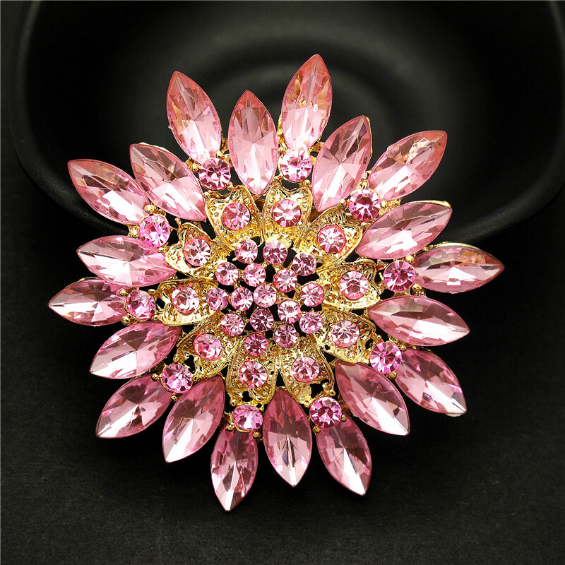 Shiny Pink Crystal Rhinestone Big Sunflower Fashion Women Charm Brooch Pin Gift