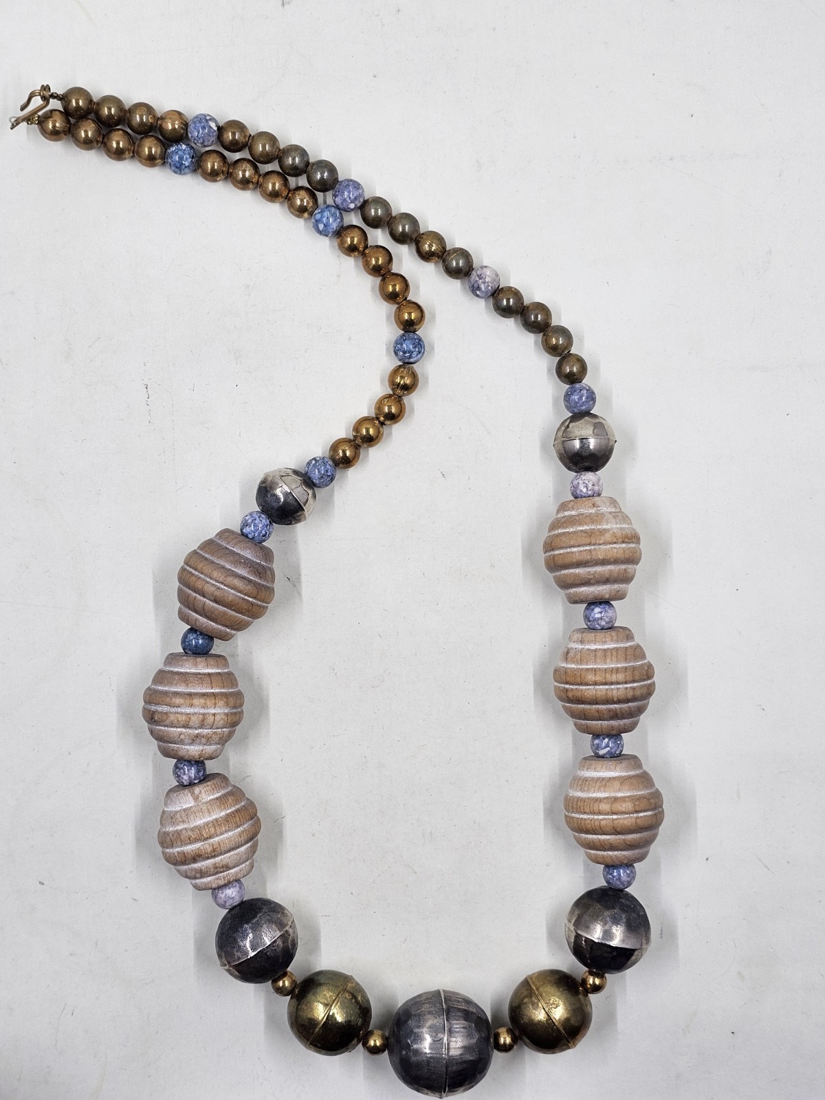 Vtg Bold Statement Necklace Carved Wood Sodalite Hammered Brass Silver Beads