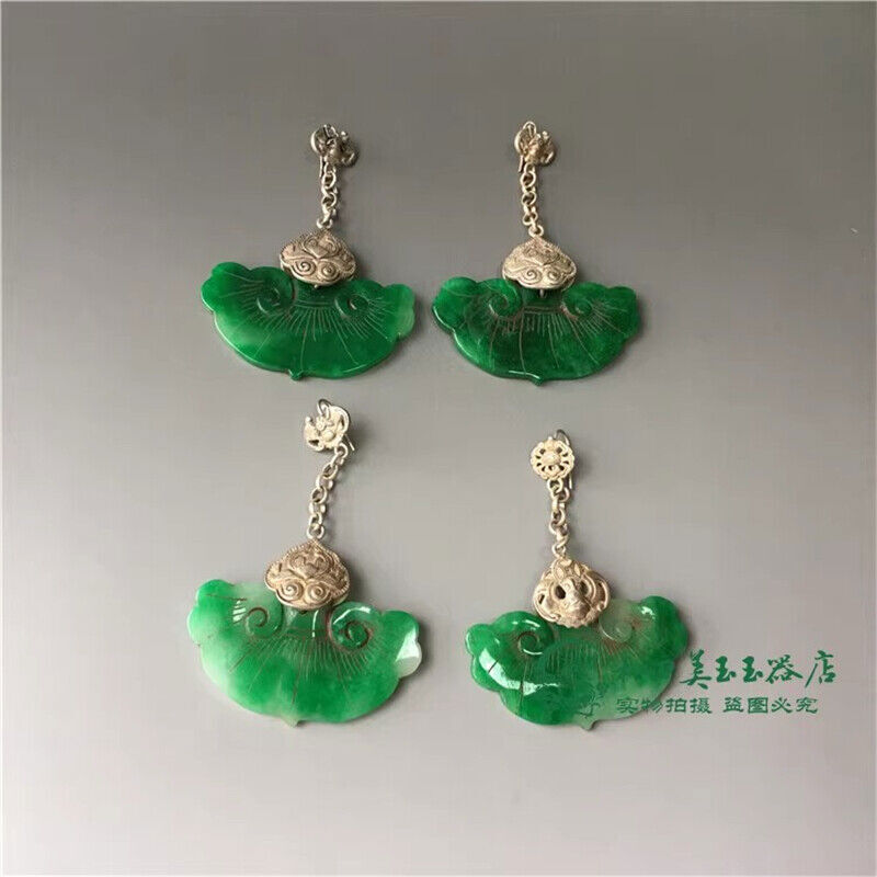 Chinese Antique Tibetan Silver Inlaid Natural Jade Earrings Lucky Jewelry Gifts