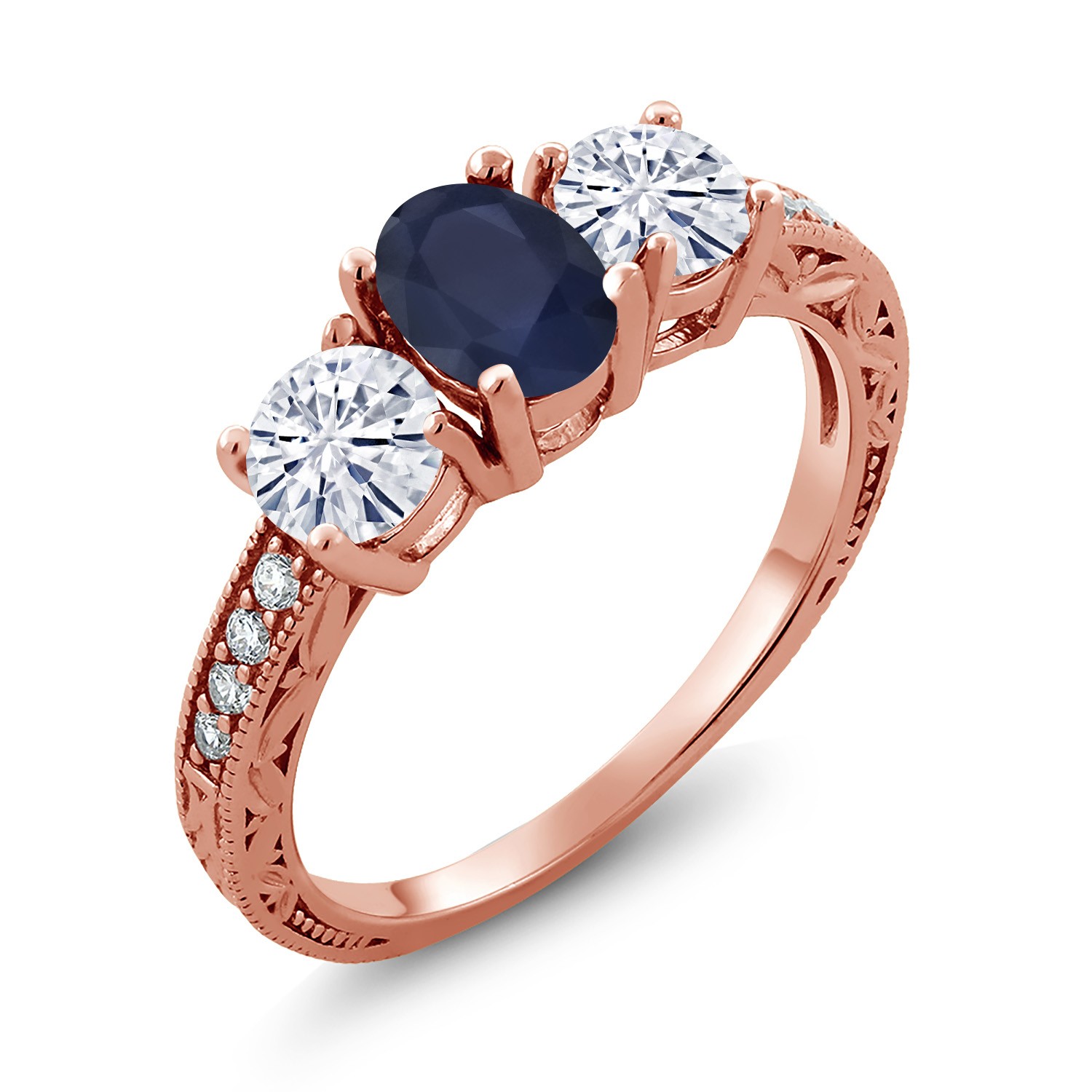 18K Rose Gold Plated Silver 3-Stone Ring Sapphire Moissanite 2.12 Ct