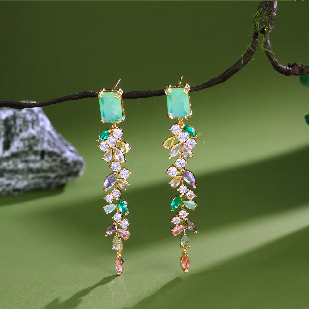 Green Baguette Gold Plated CZ Multicolor Long Leaf Drop Crystal Dangle Earrings