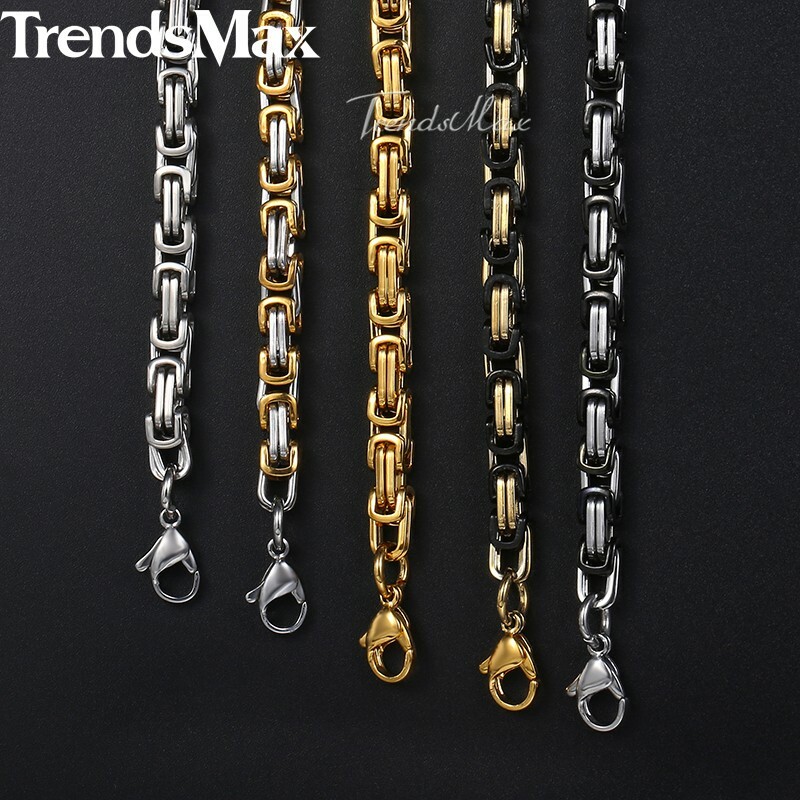 5mm Mens Byzantine Box Link Chain Stainless Steel Necklace Silver/Gold Plated