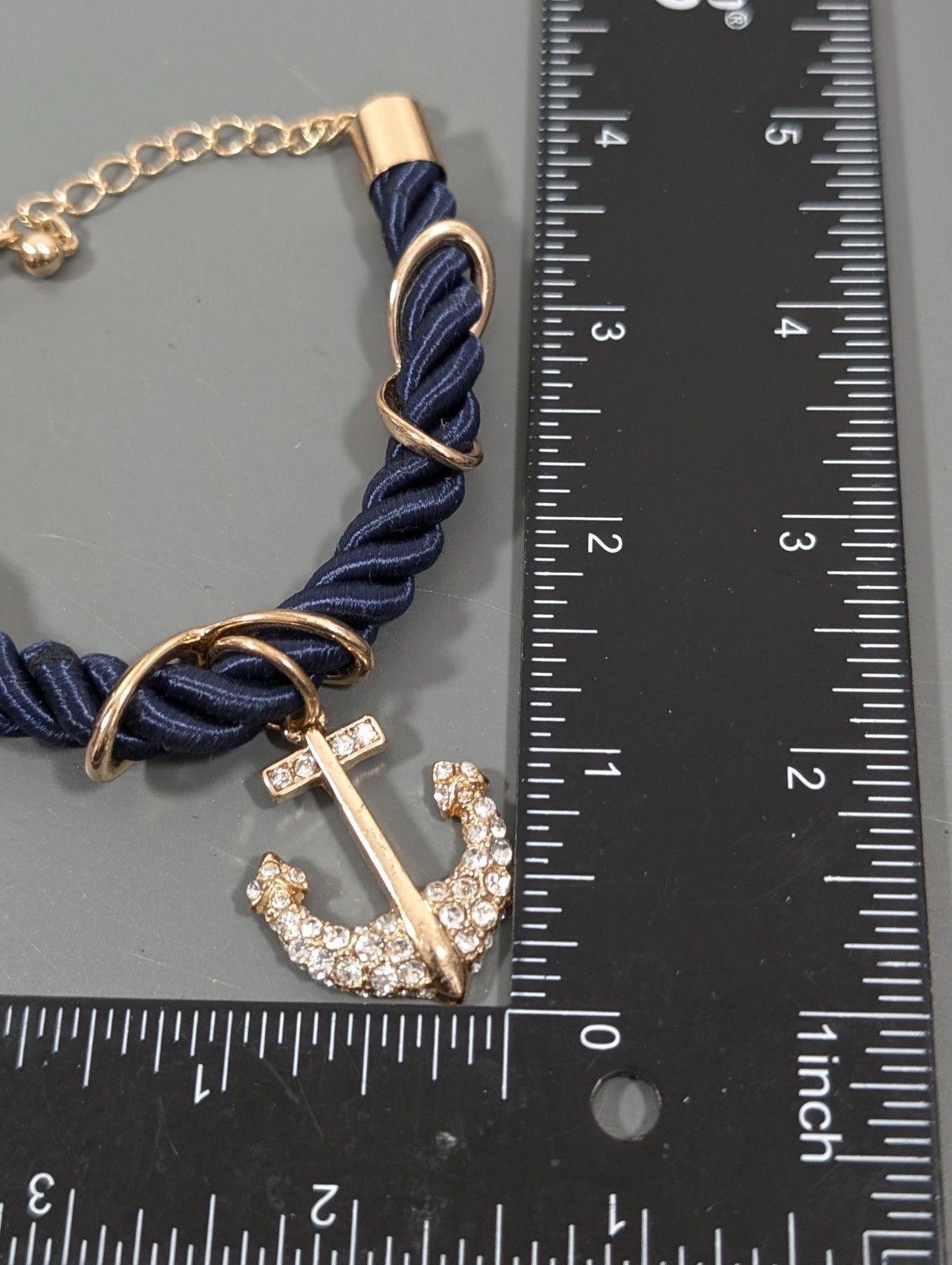 Nautical Coastal Blue Cord Gold Tone Anchor Pave Rhinestone Bracaelet 9 in