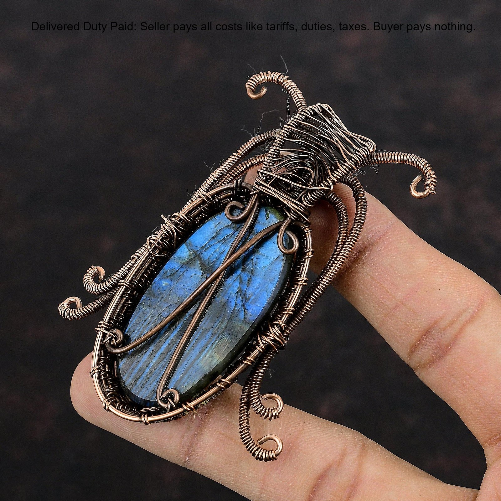 Copper Third Eye Chakra Labradorite Gemstone Unique Wire Wrapped Pendant Jewelry
