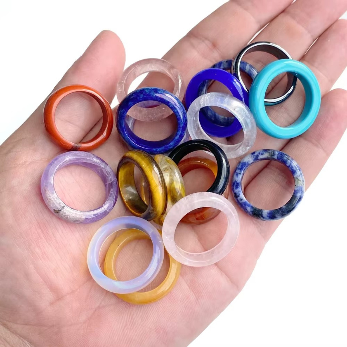 Mixed Natural Stone Round Rings For Women Men Healing Jewelry 5PCs