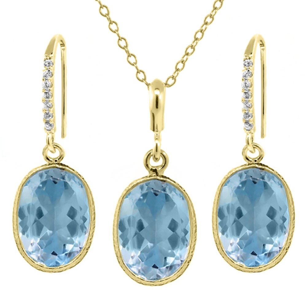 21.00 Ct Blue Topaz 14x Shape 18K Yellow Gold Plated Silver Jewelry Set 18″