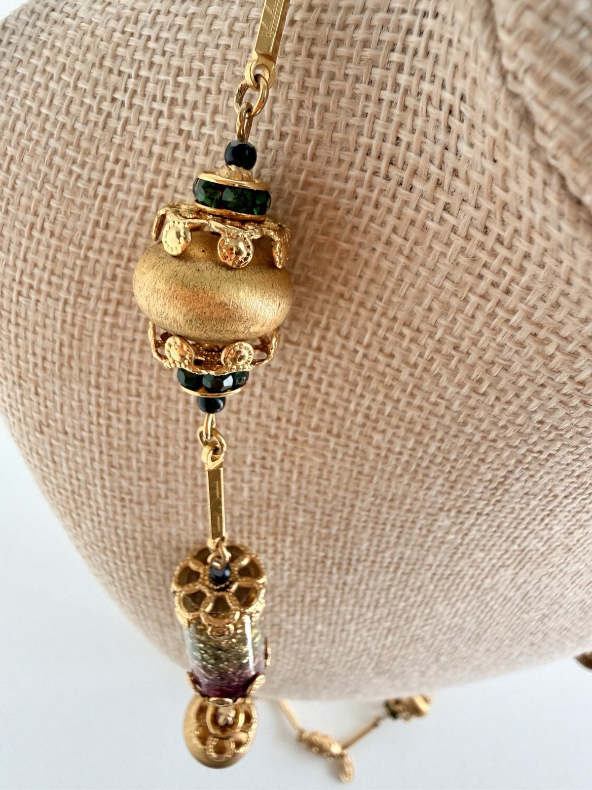 Vintage Vendome Necklace Gold Tone Pink Green Glitter Beads Signed