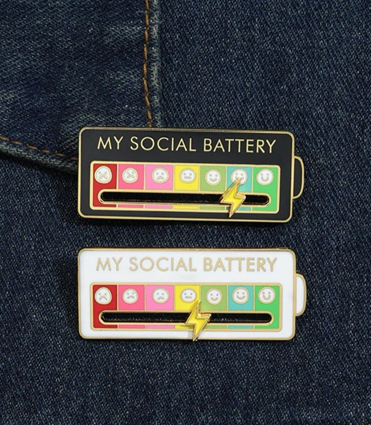 My Social Battery Pin ~ Black & Gold Enamel with Moveable Hand | Gift Edition