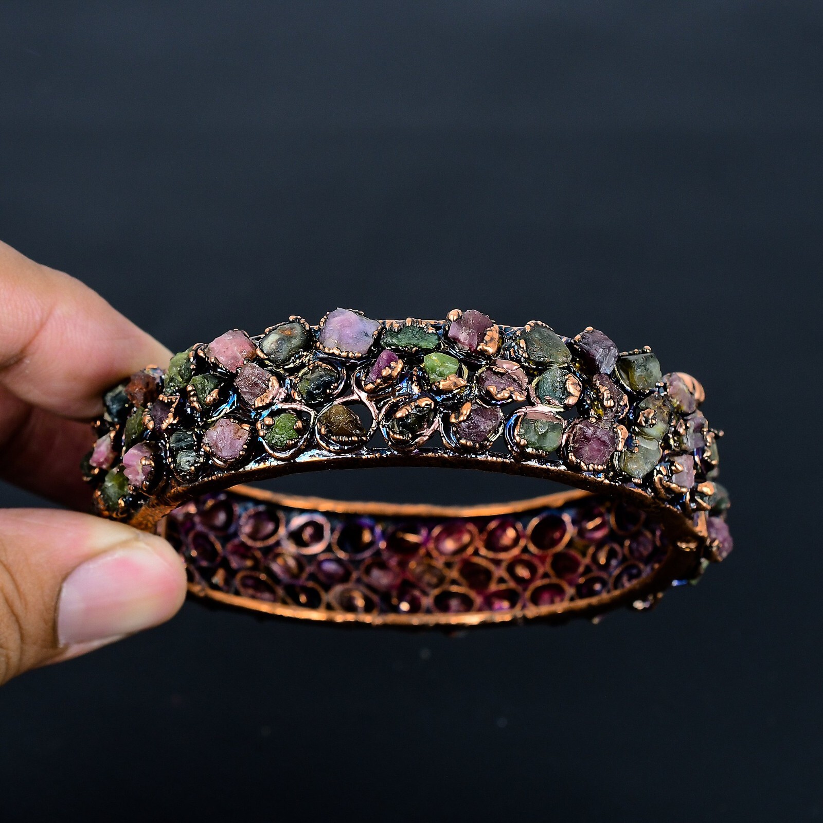 Multi-Tourmaline Balancing Gemstones Copper Wire Wrap Handmade Bangle Jewelry