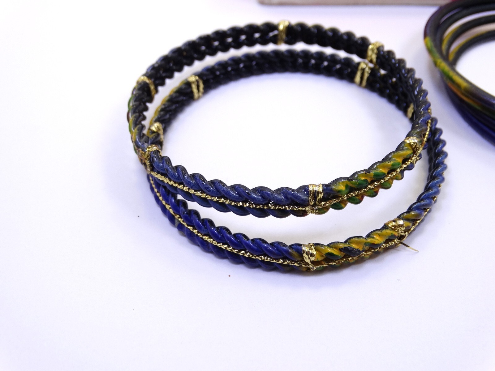 Vintage Old Indian Ceramic/Blue Enamel SATYAM Jewellers India 6pc Bangle Set