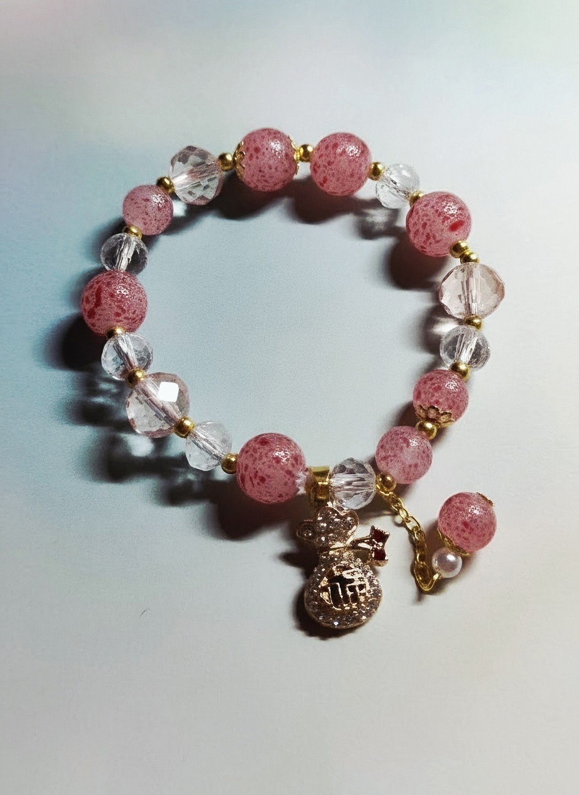 Crackle Glass Bracelet Stretch Beaded Crystal Gold Tone Multicolorful