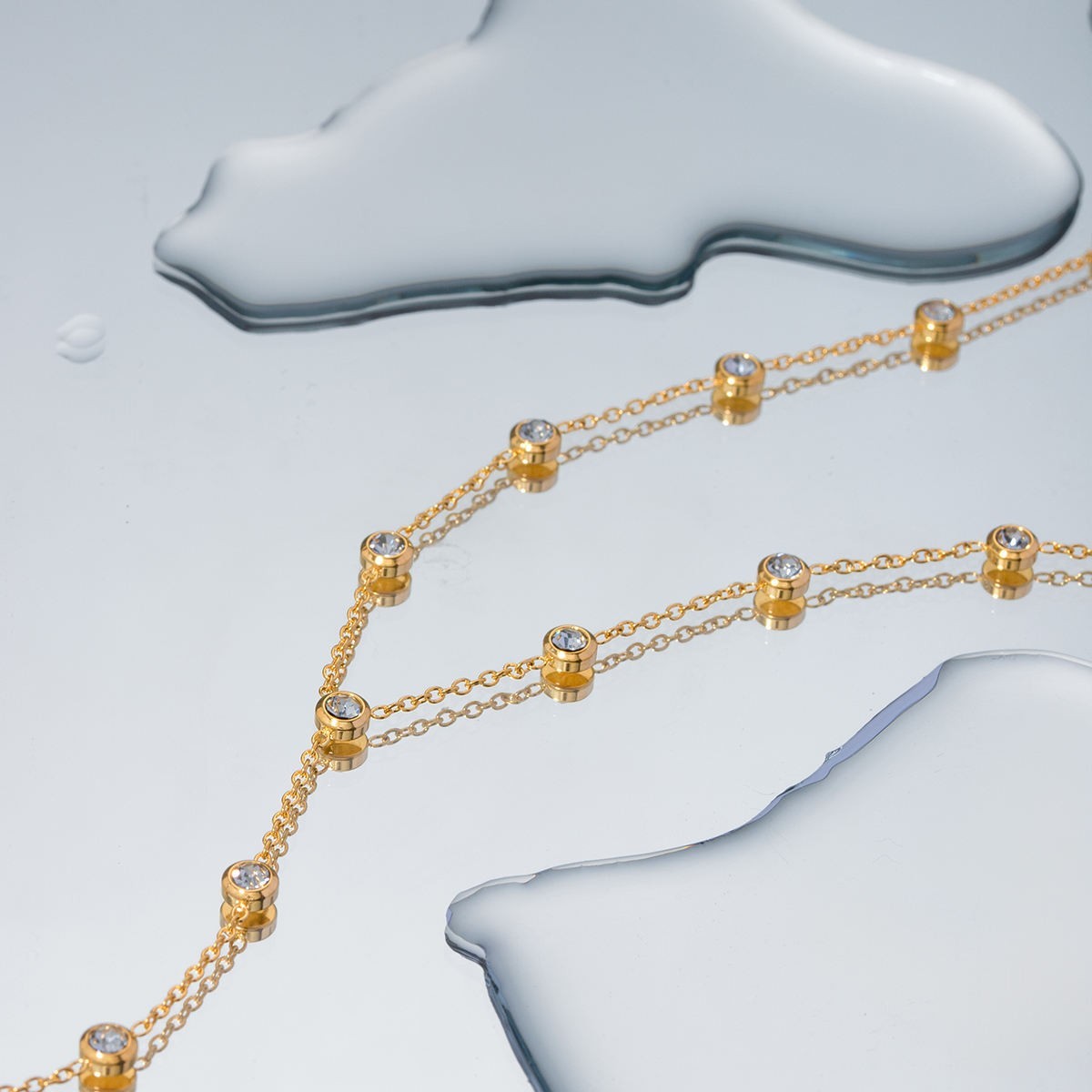 18K Gold Plated Zircon Y Necklace Stainless Steel Long Chain