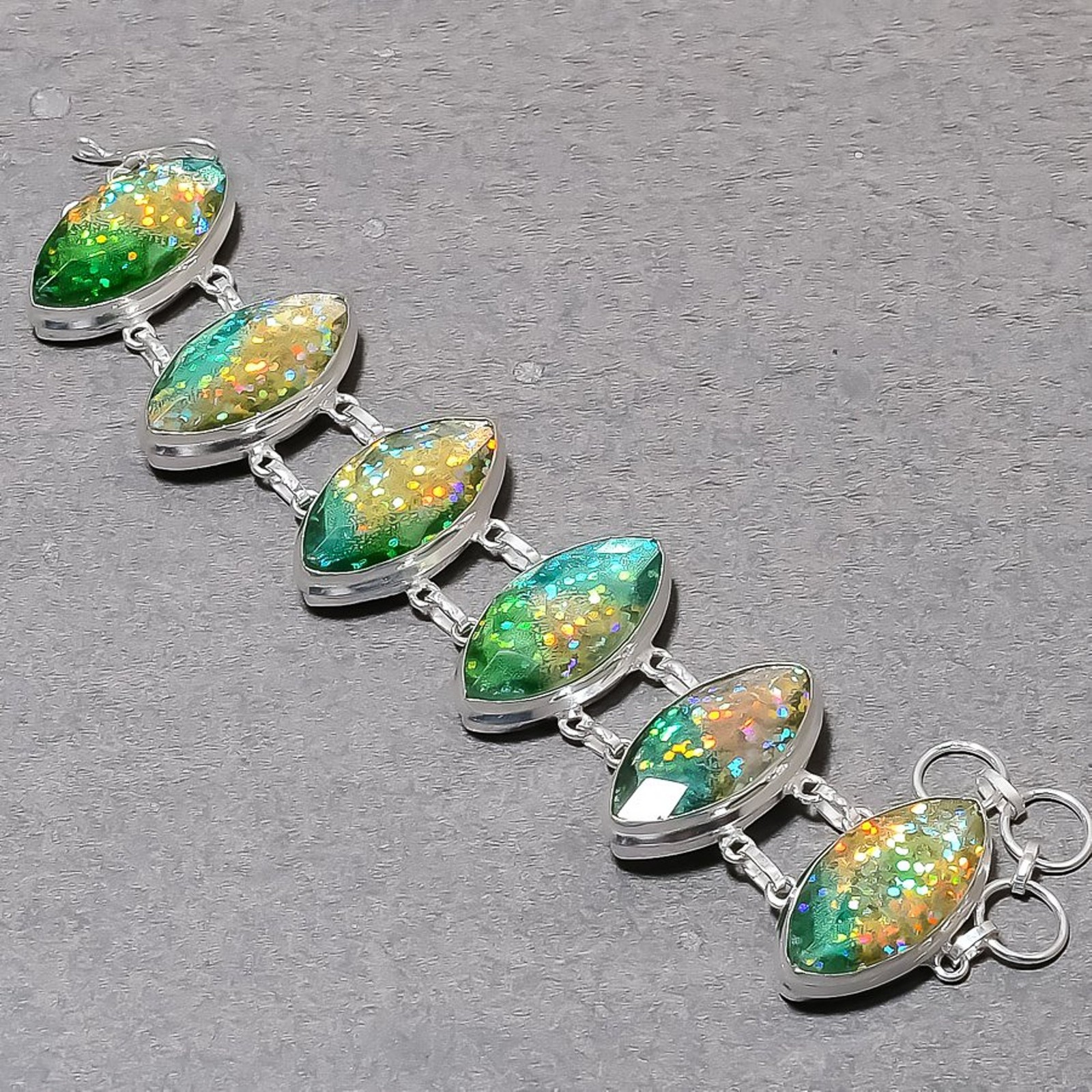 Dichroic Glass Marquise Shape Gemstone Gift Bracelet Adjustable Chain Jewelry 8″