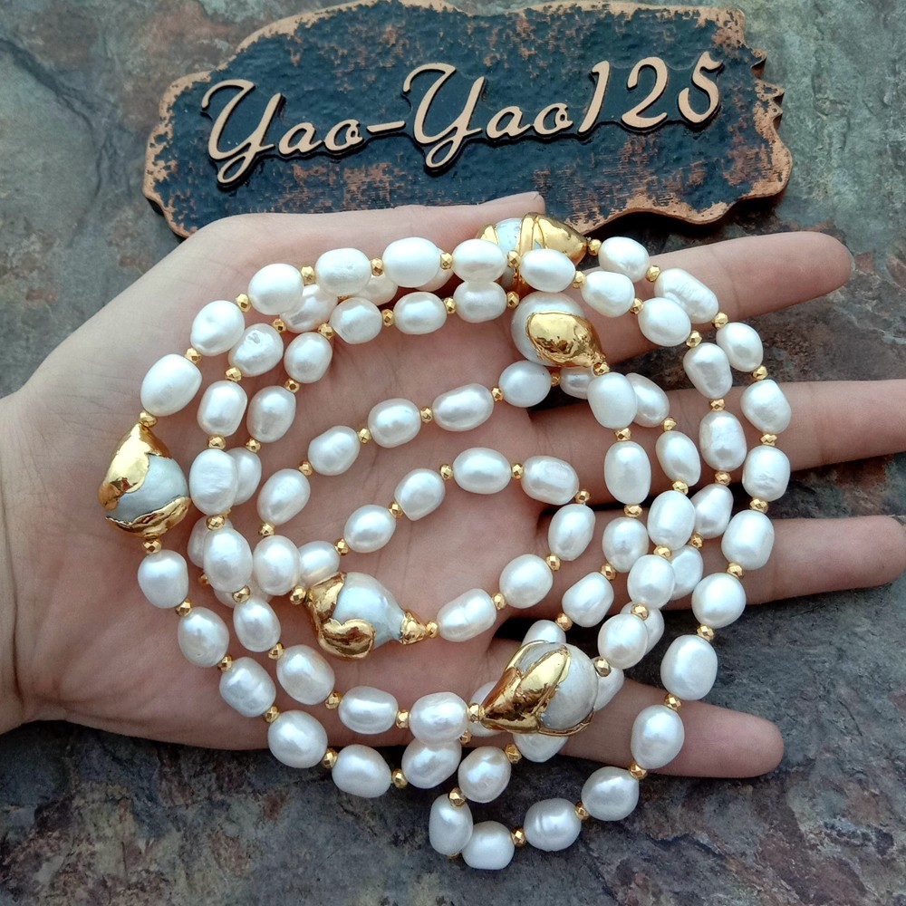 42″ White Baroque Pearl 24 K Gold Plated Keshi Pearl Necklace
